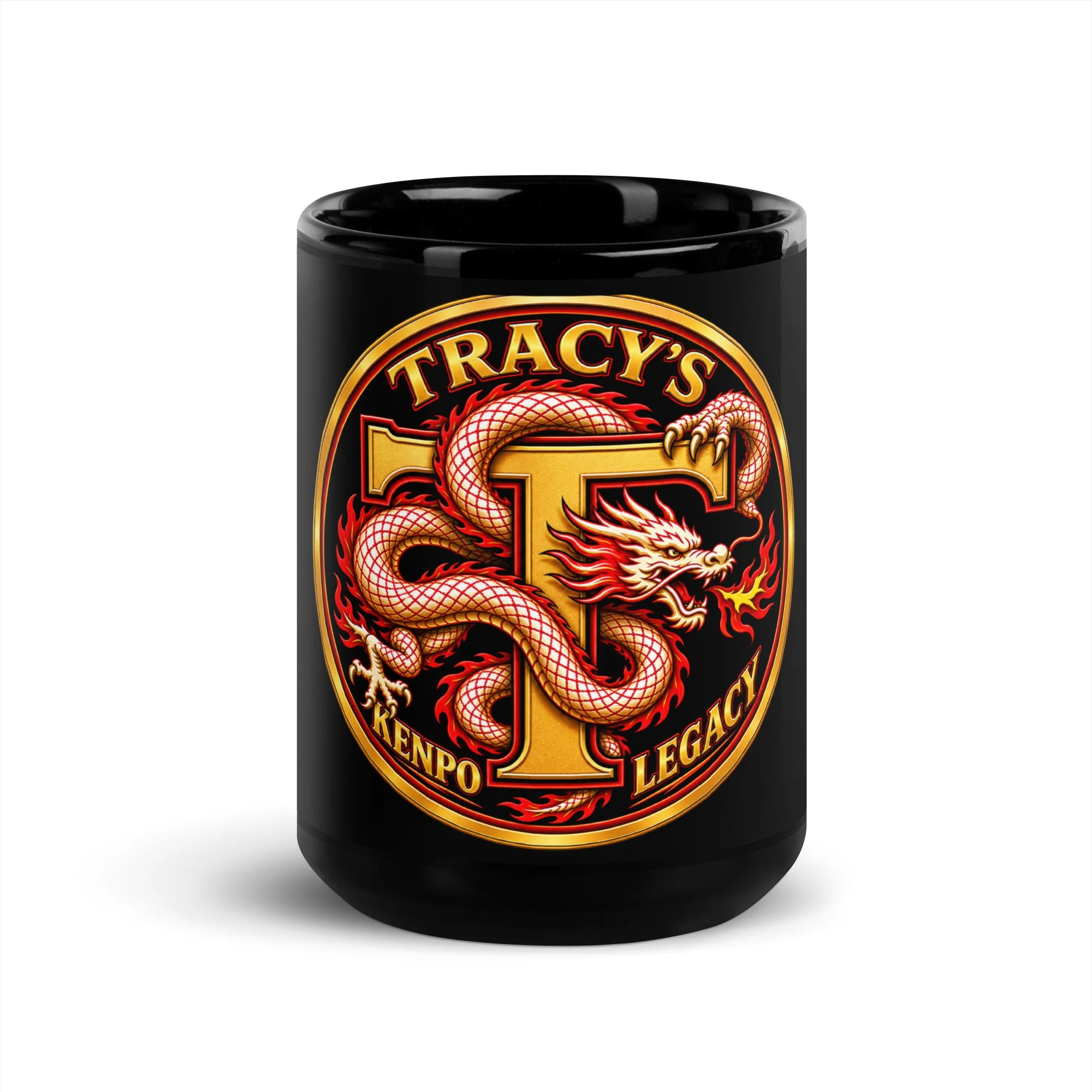 15 oz Tracy’s Kenpo Legacy black mug with the dragon logo facing forward.