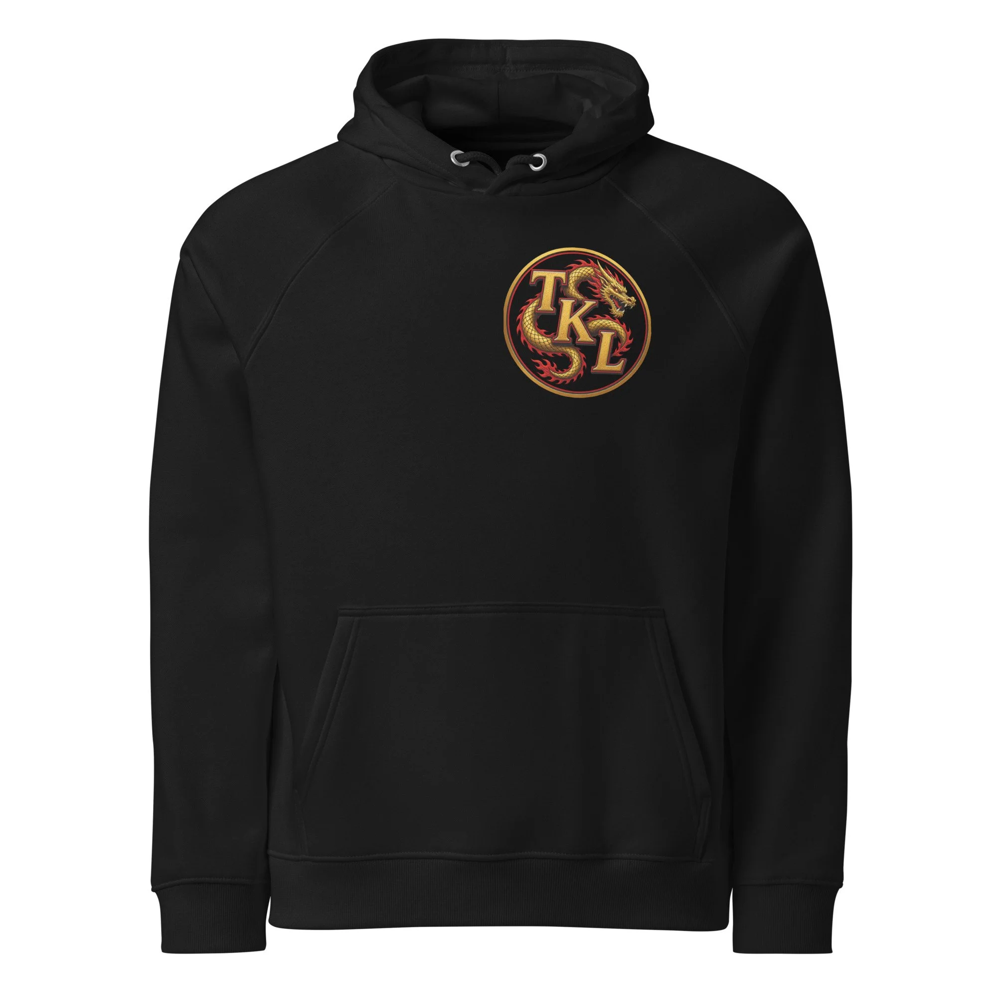 Black Tracy’s Kenpo Legacy hoodie with a small gold chest emblem, front view.