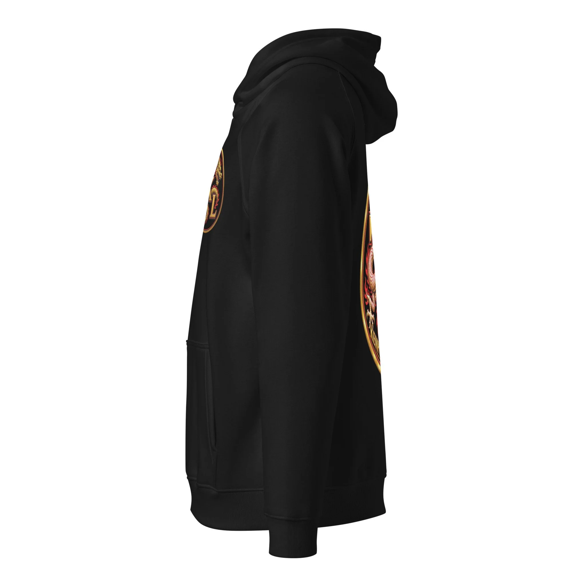 Black Tracy’s Kenpo Legacy hoodie, left-side view showing the hood and front pocket.
