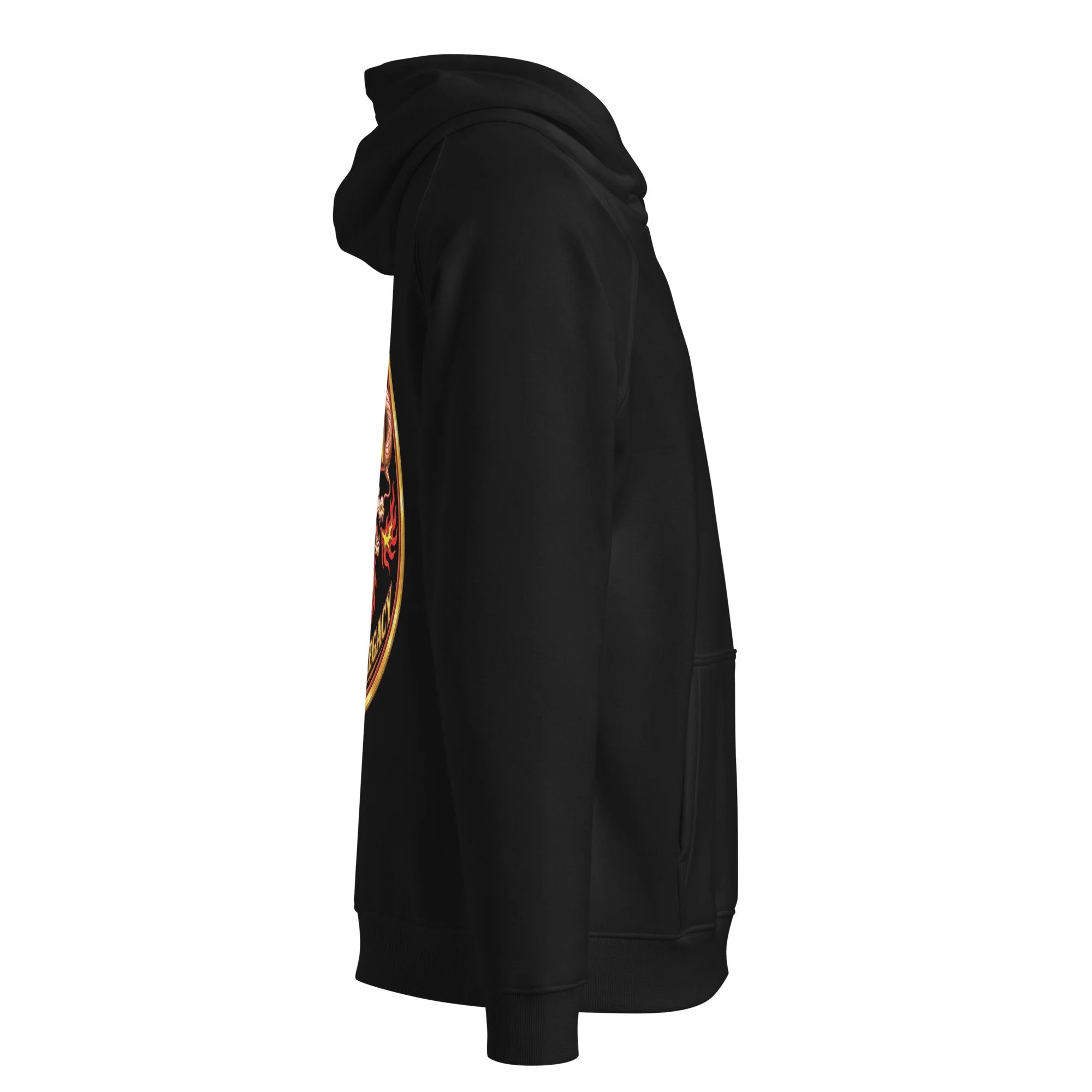 Black Tracy’s Kenpo Legacy hoodie, right-side view showing the hood and front pocket.