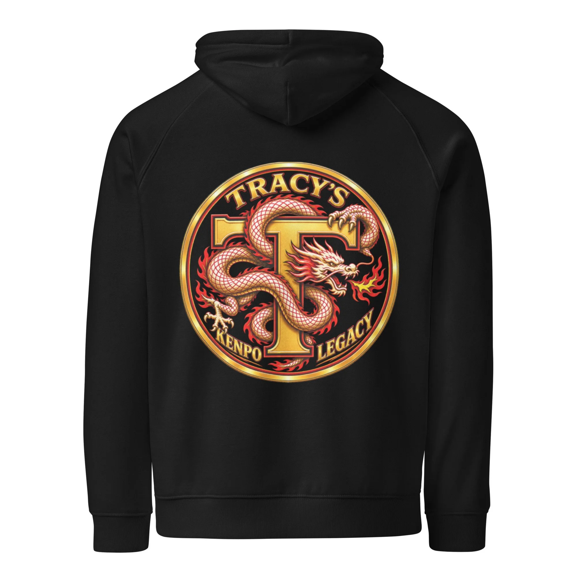 Black Tracy’s Kenpo Legacy hoodie with a large dragon logo on the back.