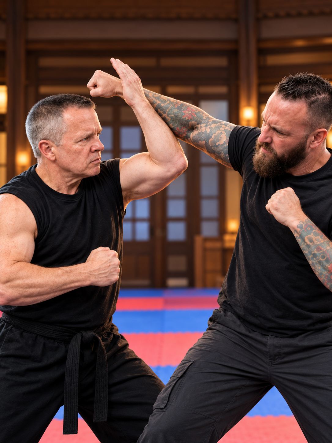 Two Kenpo practitioners practice a forearm block in a wooden dojo.