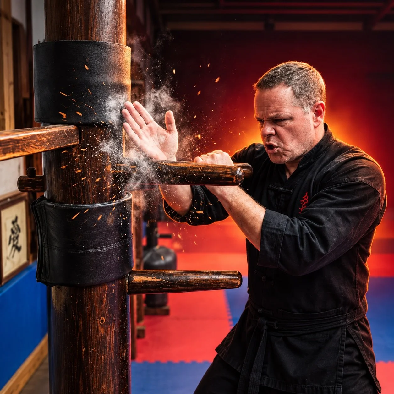 A Kenpo practitioner trains hand techniques on a padded wooden dummy.