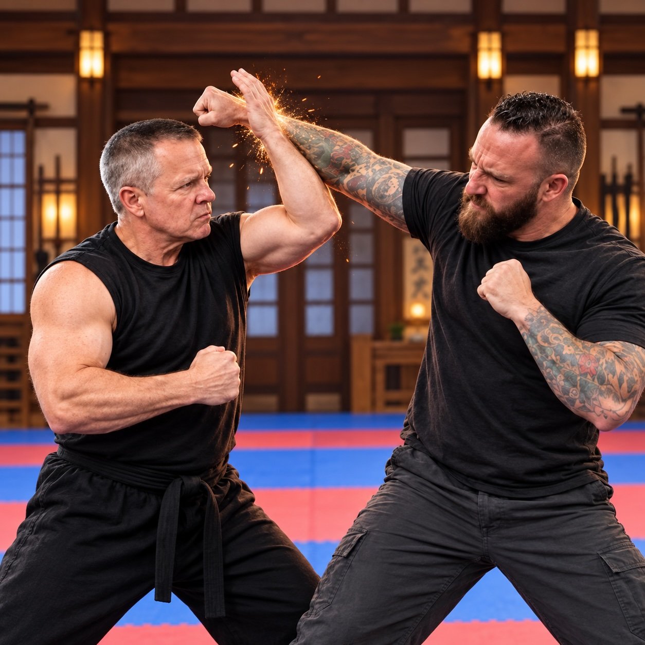 Two Kenpo practitioners practice an arm block and ready stance in a dojo.