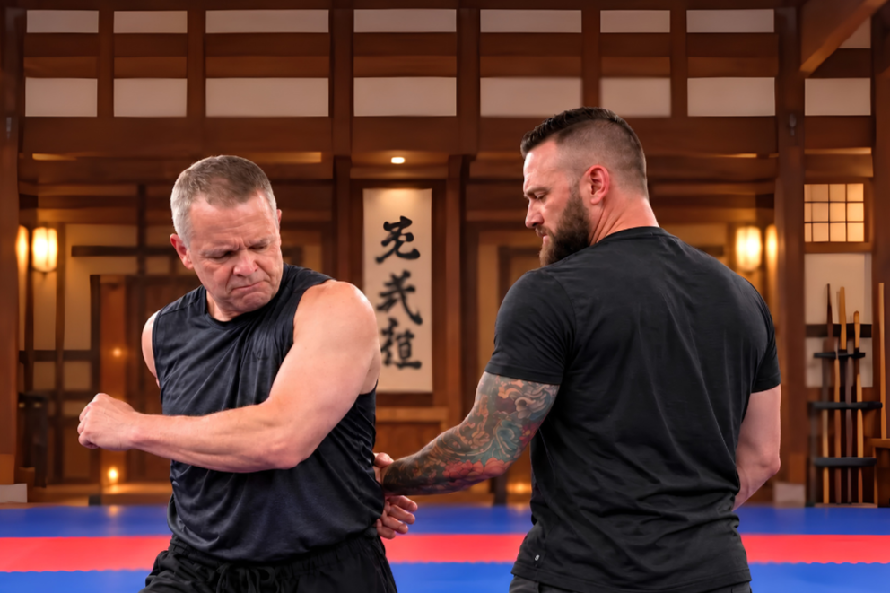 Two Kenpo practitioners demonstrate a wrist-grab defense in a dojo.