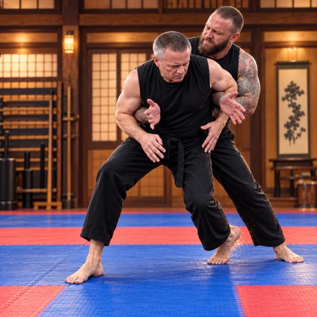 Two Kenpo practitioners practice a response to a rear hold while maintaining a wide stance.