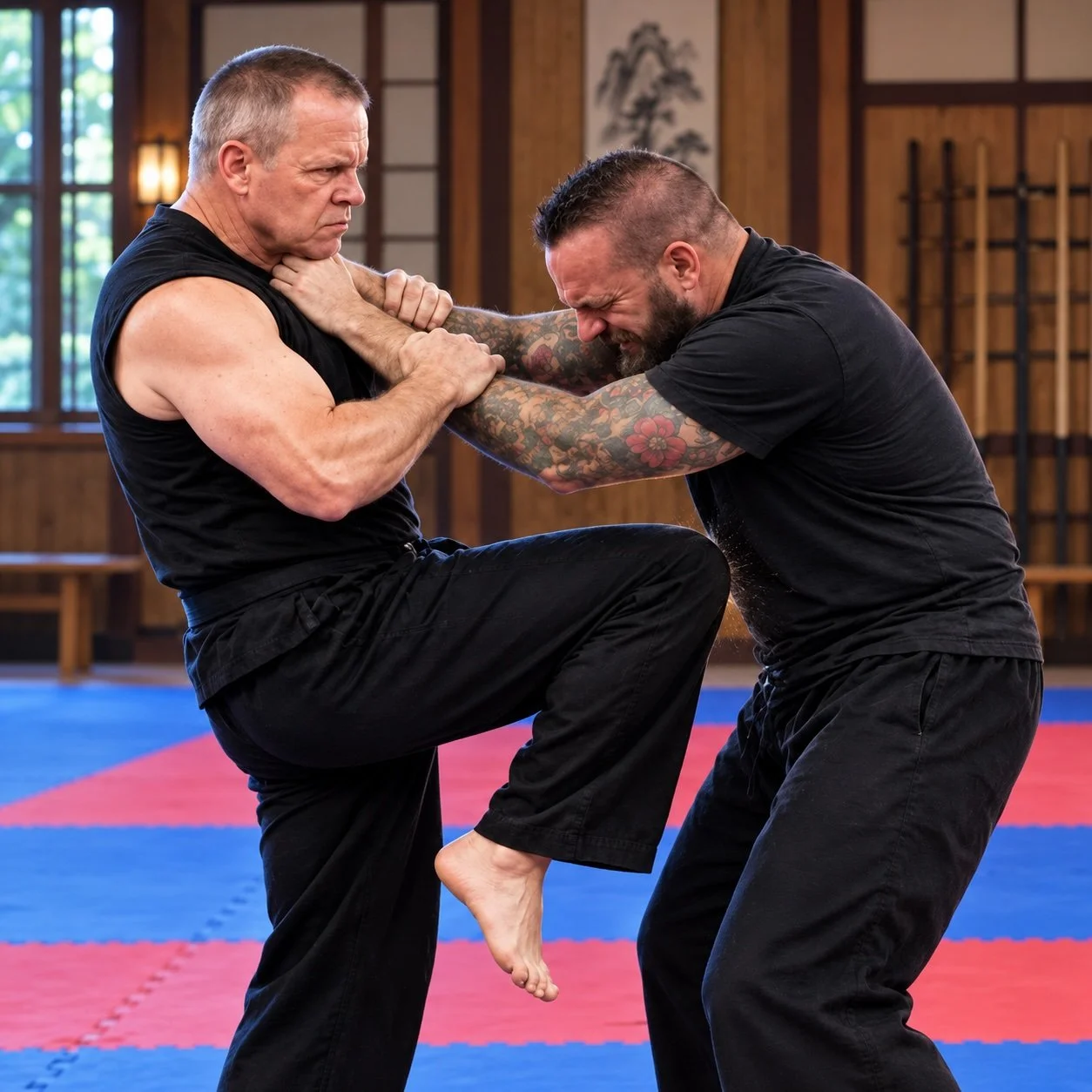 Two Kenpo practitioners demonstrate a knee strike during close-range training.