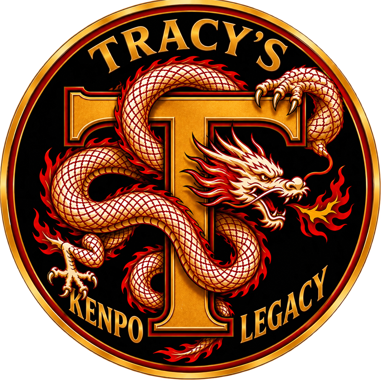 Tracy’s Kenpo Legacy dragon logo in red, gold and black.
