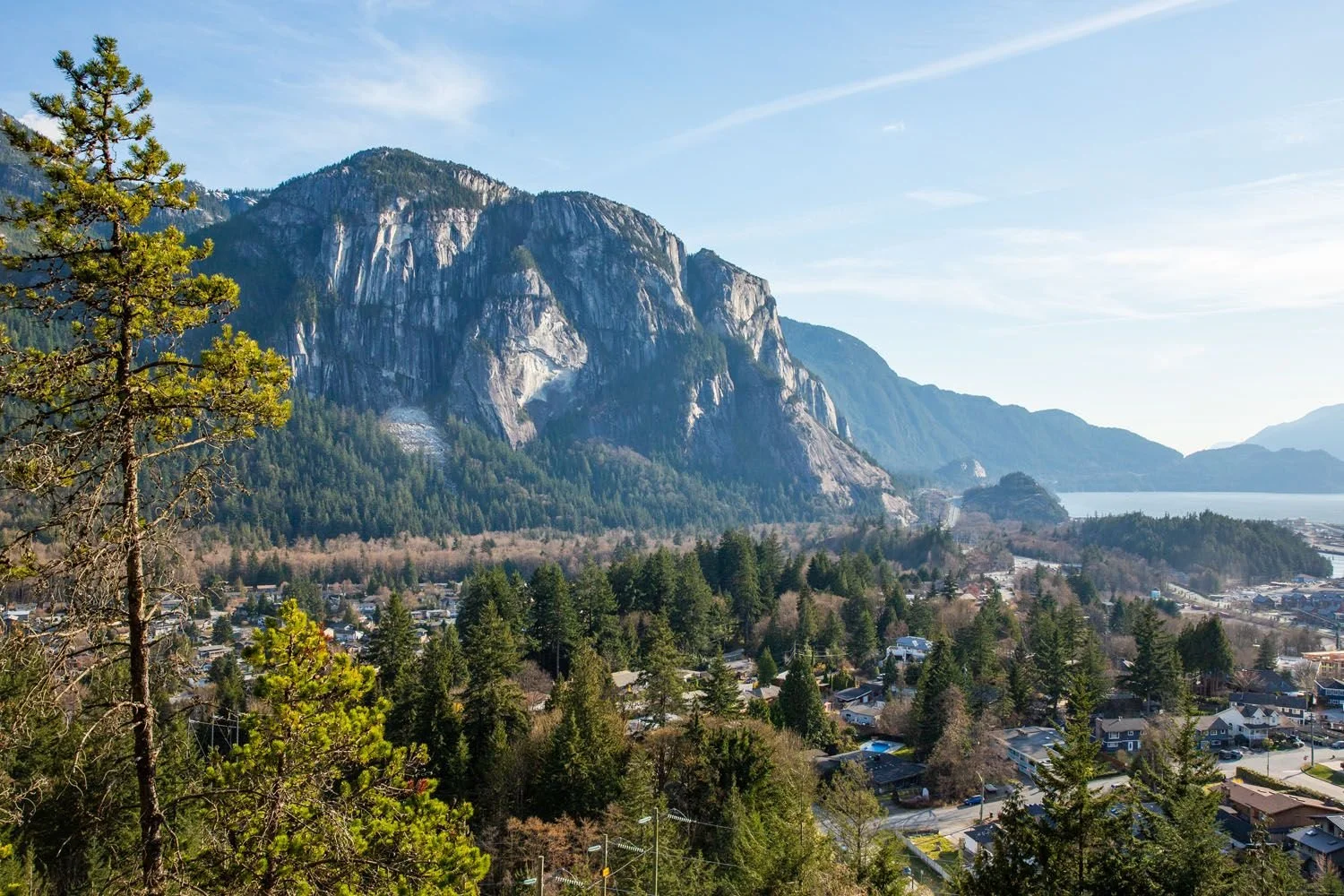 Scenic view of a mountain range with a forested town in the foreground and a body of water in the distance under a clear blue sky.