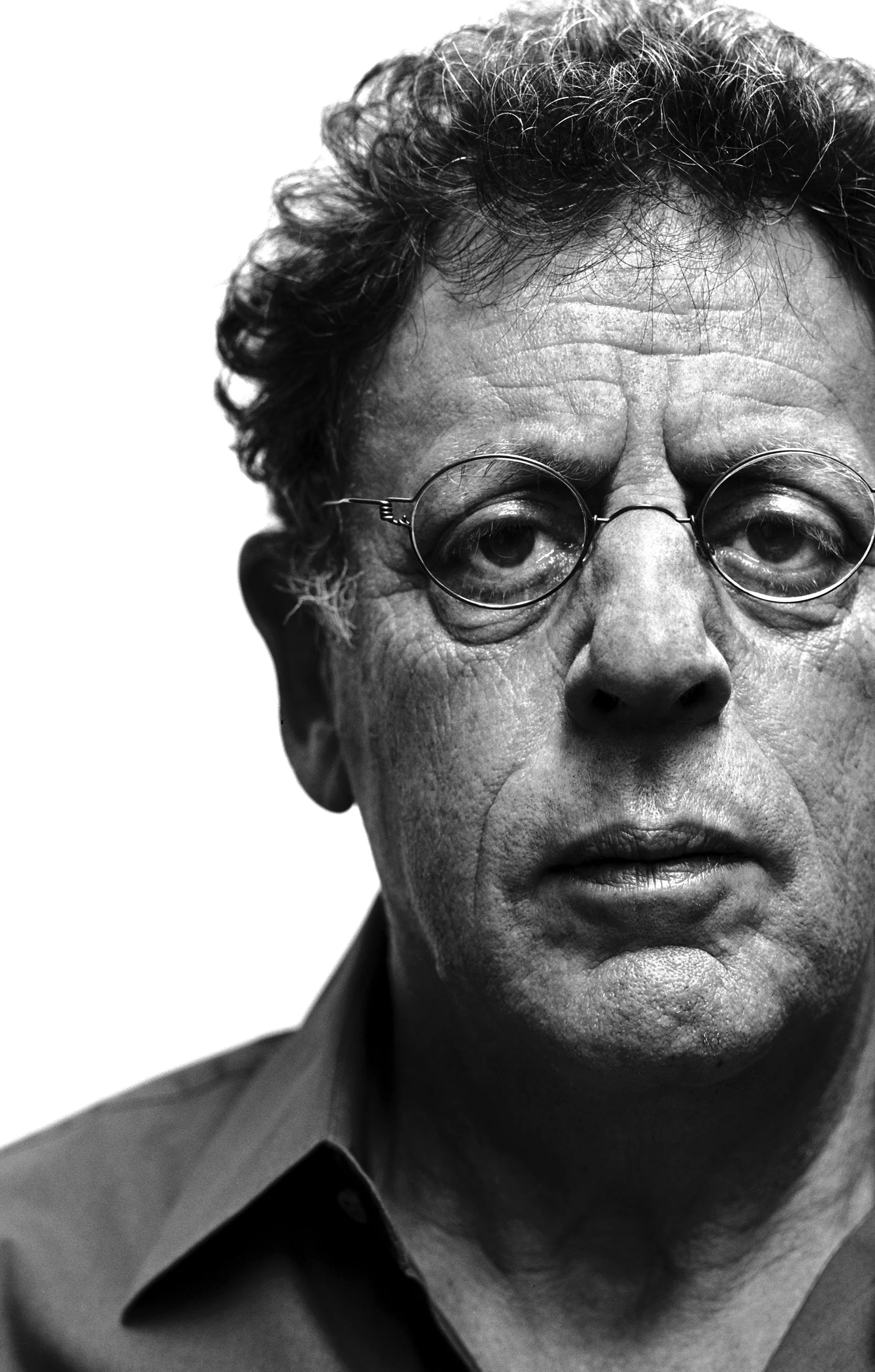 Philip Glass, black and white portrait