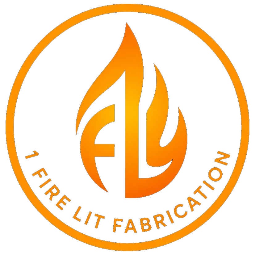 Circular logo for 1 Firelit Fabrication with a flame in black, orange, and red colors.