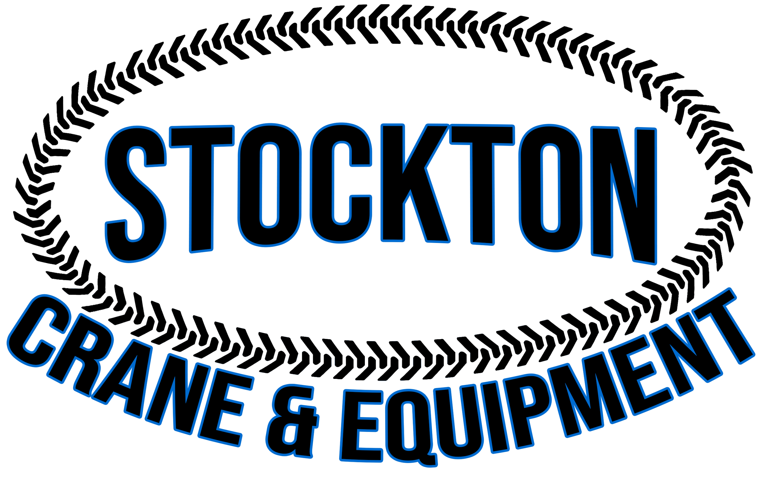 Logo "Stockton" in large blue letters, surrounded by a circular pattern of equipment tire tread lines, with additional text "Crane & Equipment"
