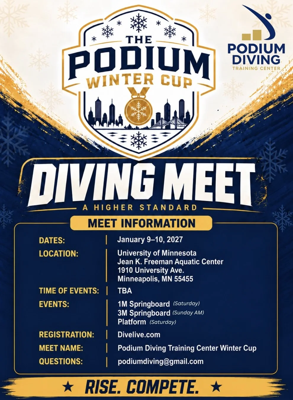 Poster for the Podium Winter Cup diving meet, scheduled for January 9-10, 2027, at the University of Minnesota's Jean K. Freeman Aquatic Center, with event details, registration info, and motivational tagline 'Rise. Compete.'