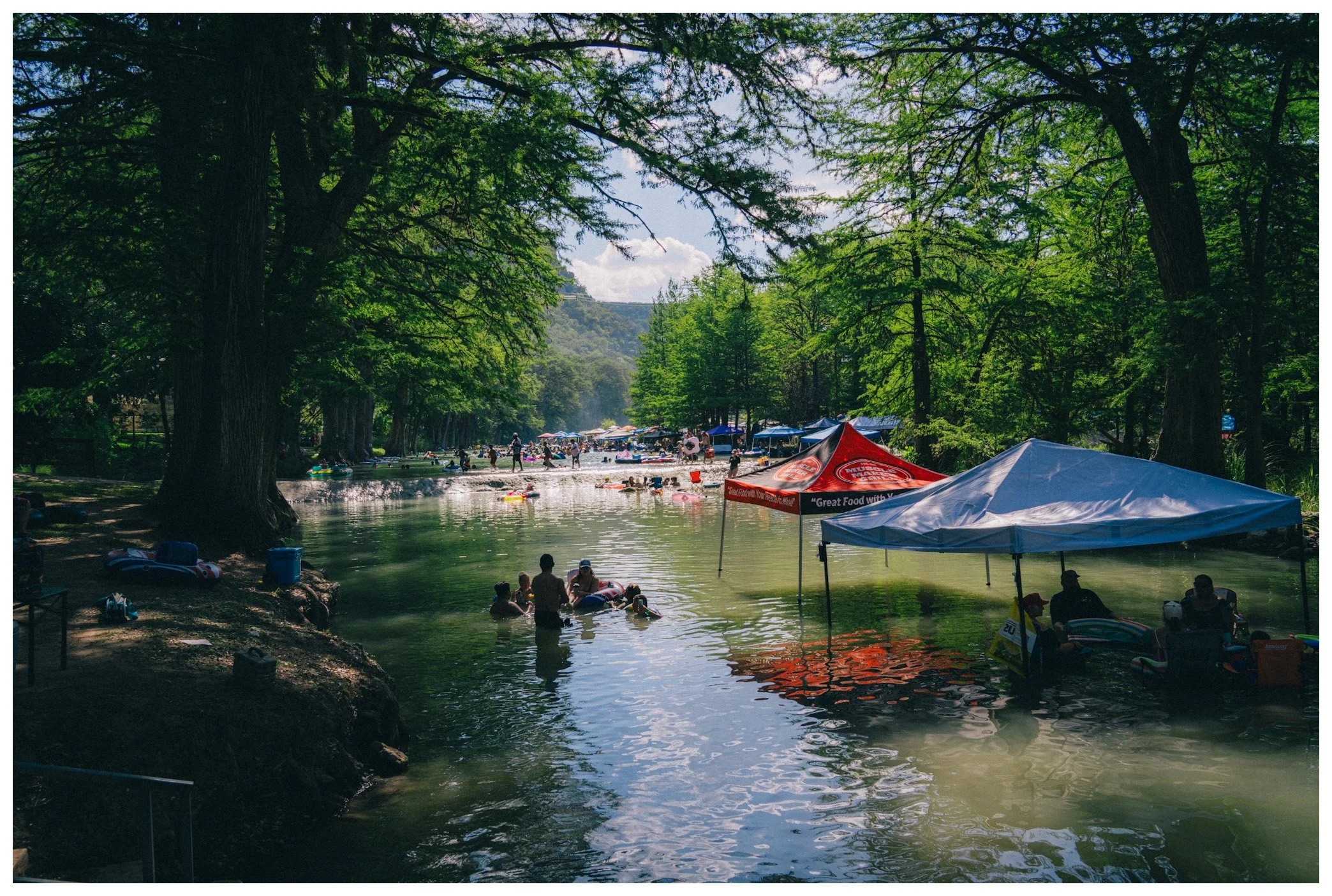 People enjoy a summer day at a lakeside park, with some swimming in the water and others relaxing under trees and tents on the shore. The scene is filled with lush green trees and sunny weather, creating a lively outdoor atmosphere.
