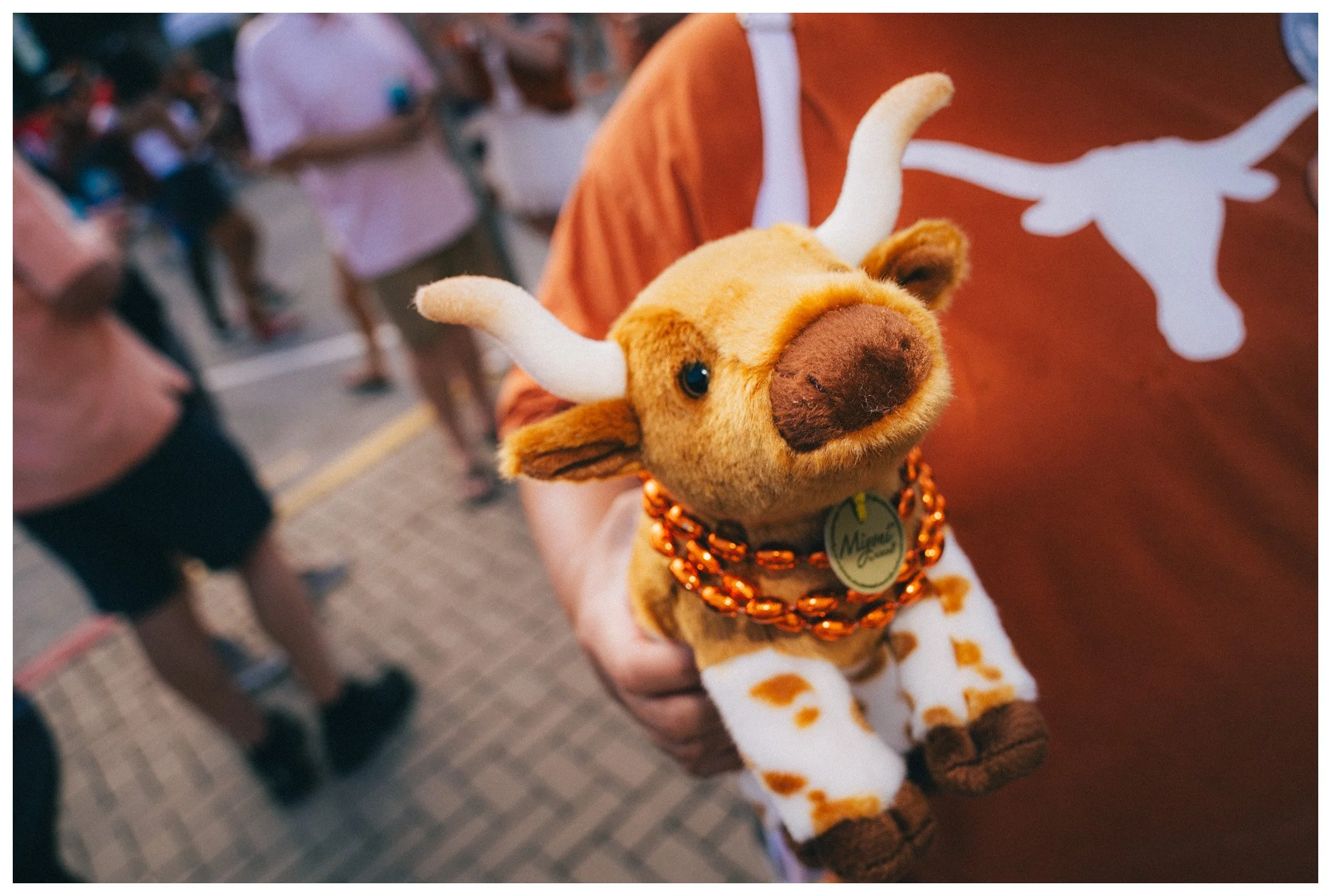 Close-up of a plush dog wearing a Halloween costume with an orange necklace, held by a person in a white and orange outfit, with others blurred in the background.