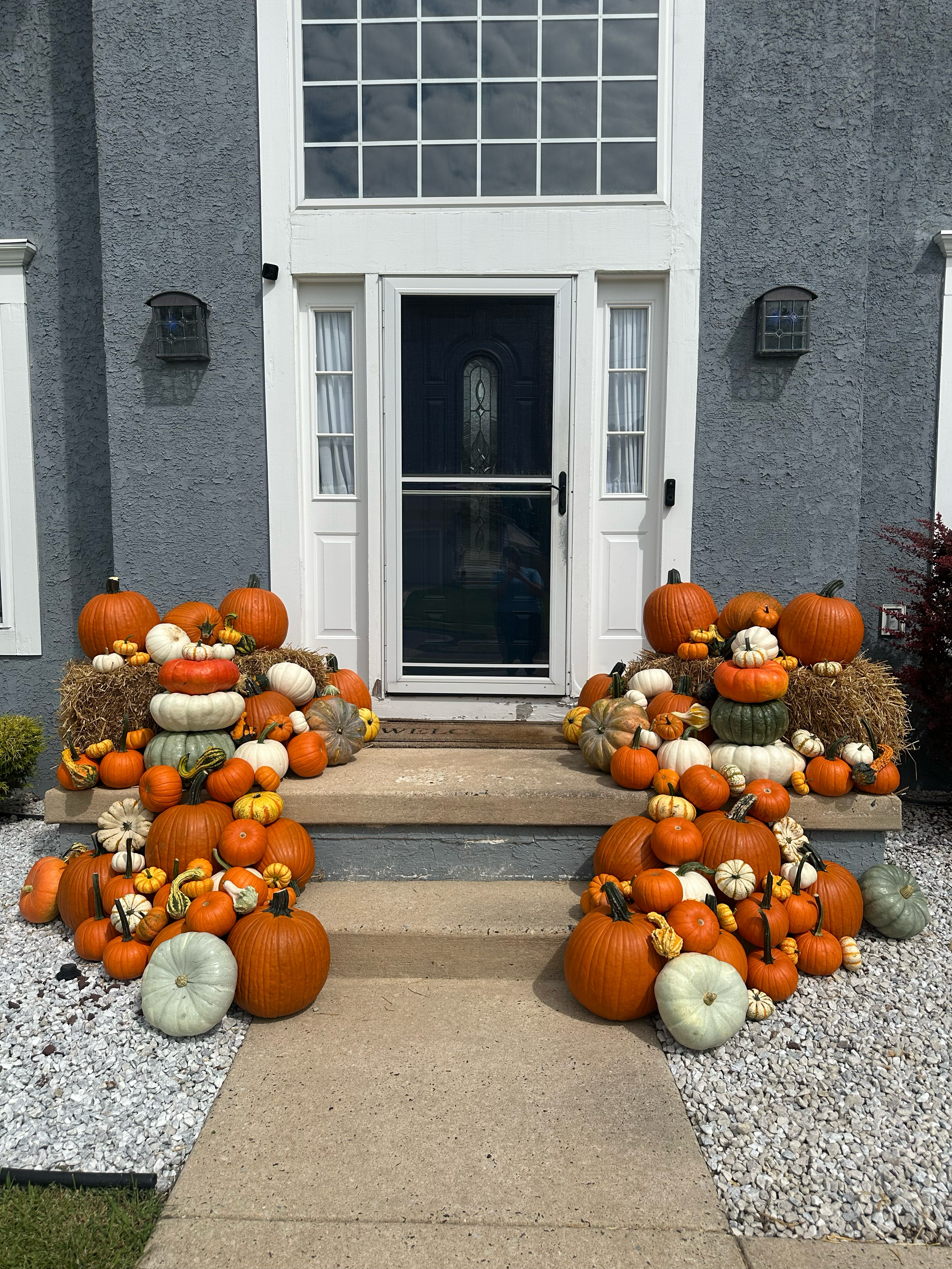 A variety of pumpkins in different colors and sizes decorates the front steps of a house, which has a gray exterior wall and a black door with glass panels, with autumn-themed decorations.