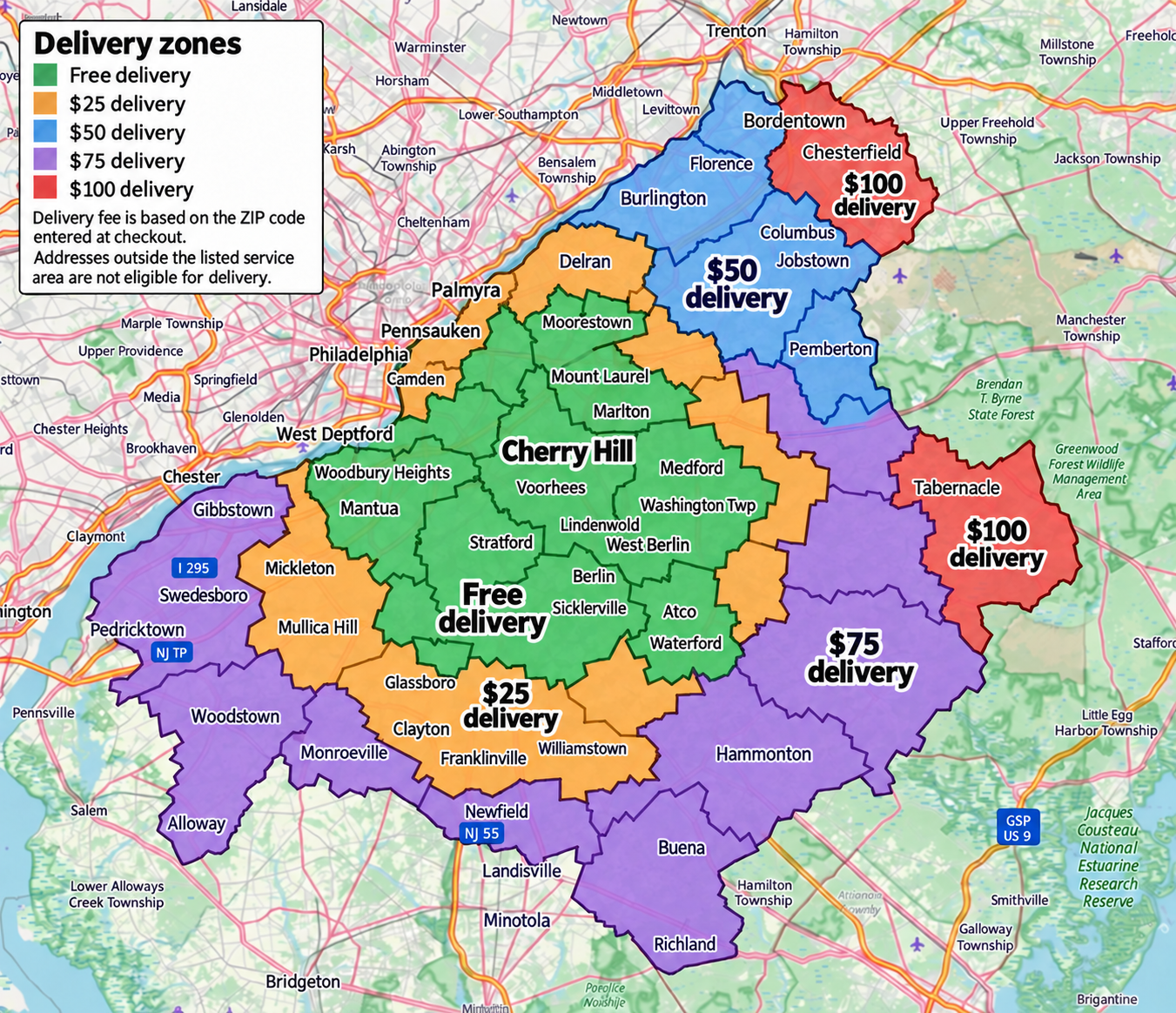 Map of delivery zones in South Jersey, showing different areas color-coded by delivery fee: free in green, $25 in orange, $50 in blue, $75 in purple, and $100 in red.