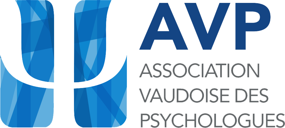 Logo de l'AVP, l'Association Vaudoise des Psychologues, avec un symbole bleu stylisé et le texte en noir et gris. Emilie Stein, psychologue FSP  à Lausanne, est membre de l'AVP.