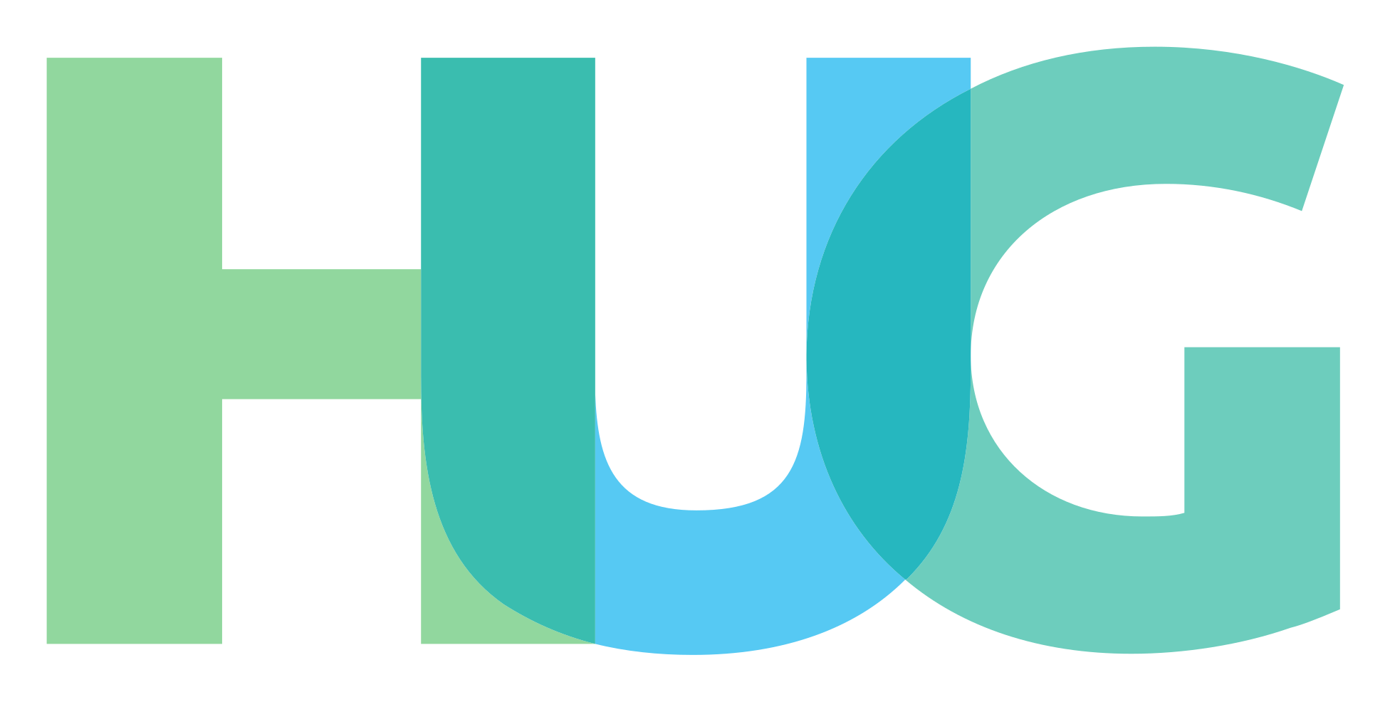 Logo de la société HUG en texte coloré bleu, vert et turquoise