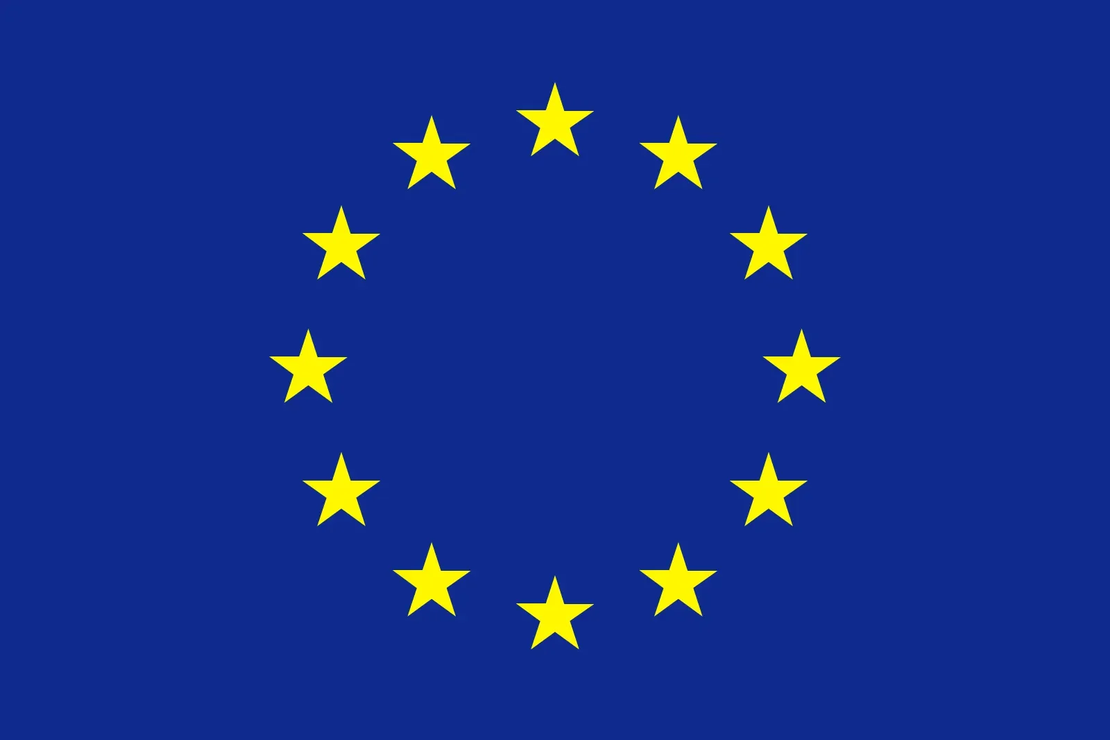 European Union flag with blue background and twelve yellow stars arranged in a circle.