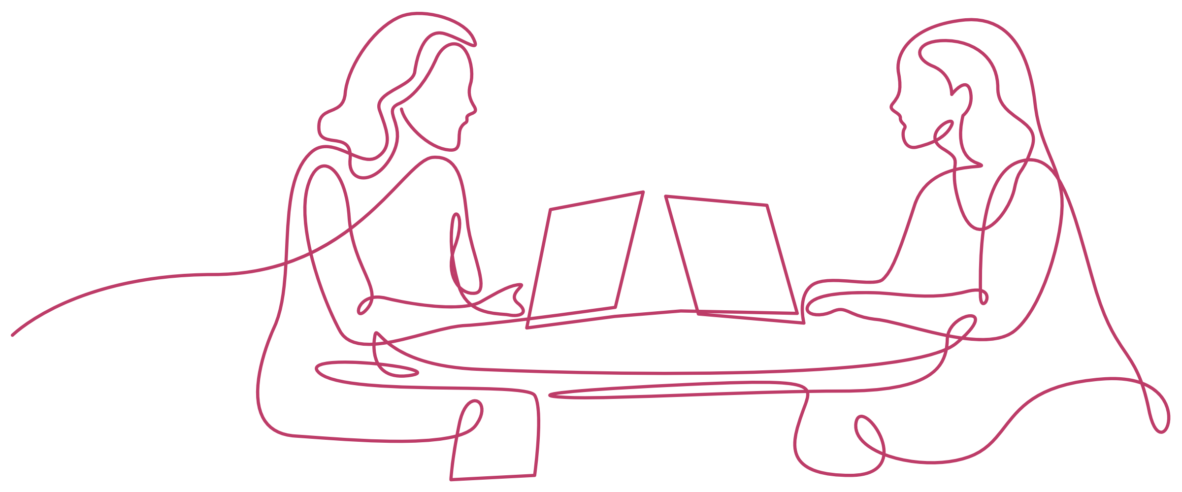 Pink continuous-line illustration of two people planning a website together.