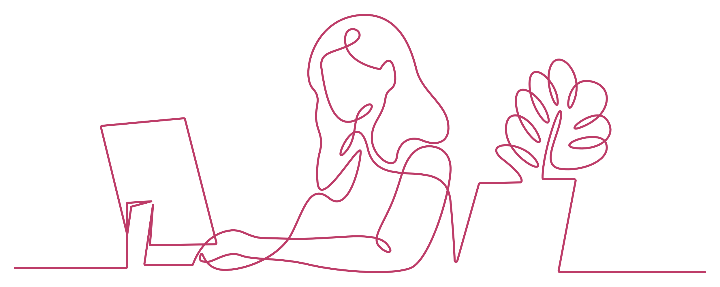 Line illustration of a woman working at a computer beside a monstera plant.
