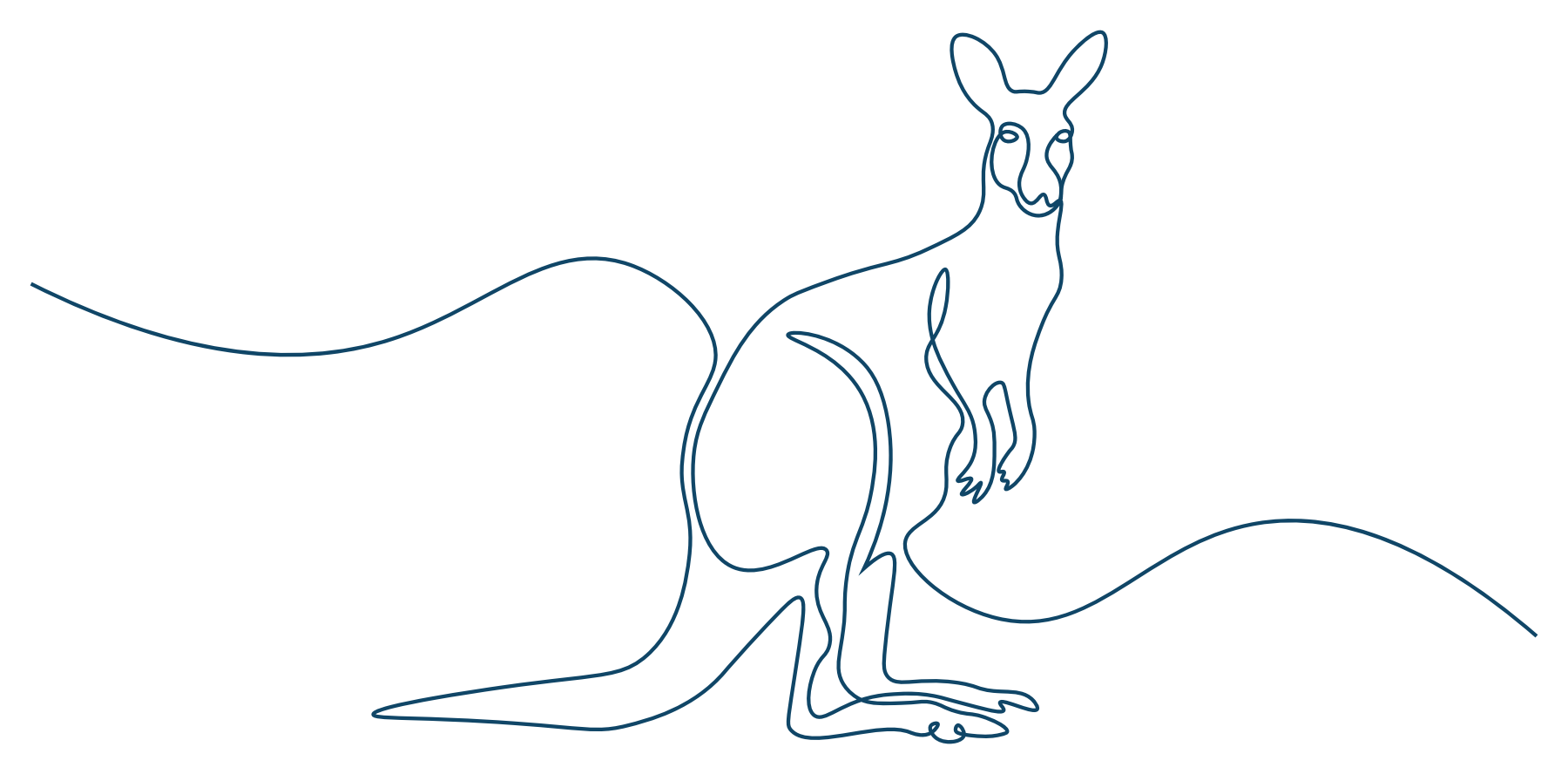 Dark-blue continuous-line illustration of a kangaroo.