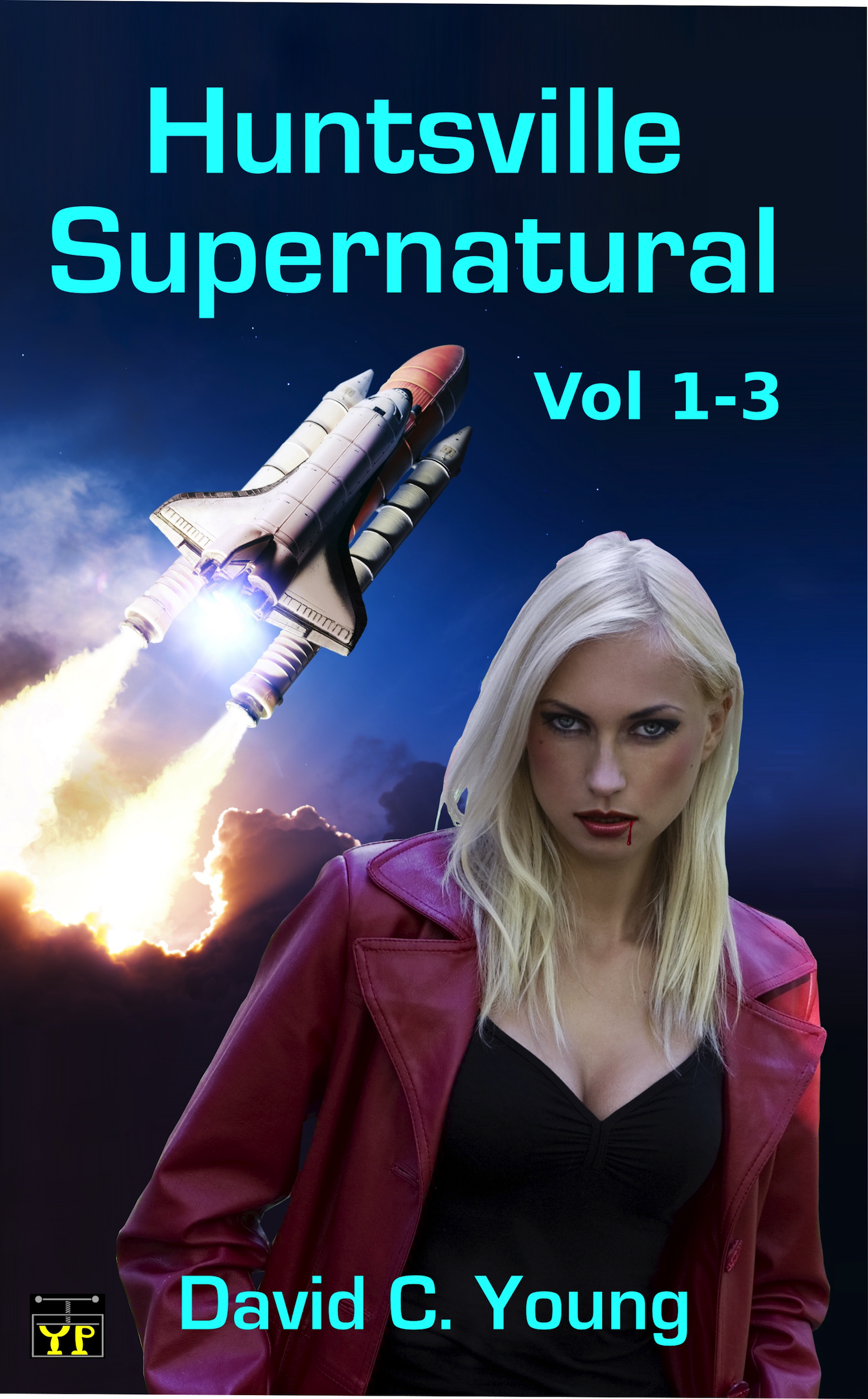The cover of the book Huntsville Supernatural Vol 1-3 has an image of a space shuttle taking off with a woman in the foreground with a drip of blood at the corner of her mouth.