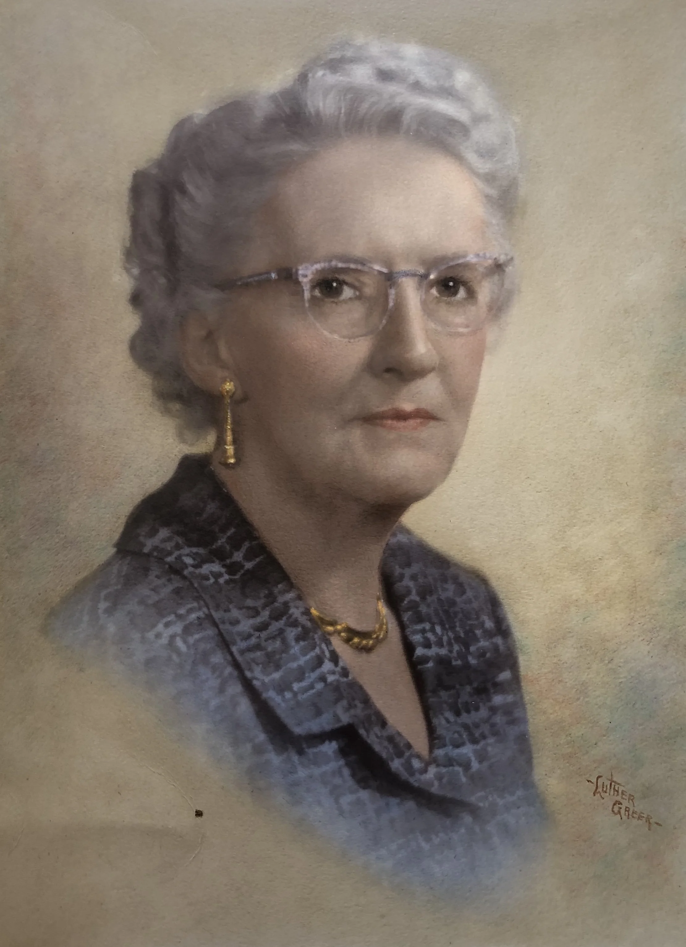 A painted portrait of Alice Leonard, probably in her seventies.
