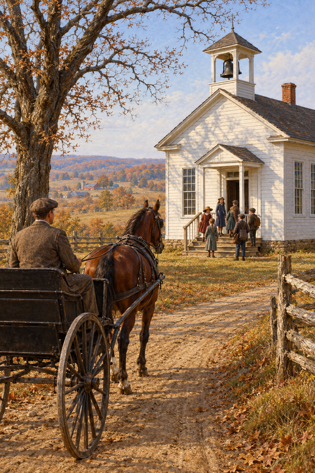 A picture of a man driving a horse-drwawn buggy up to a one-room school house. The clothing style match the early 1900s.
