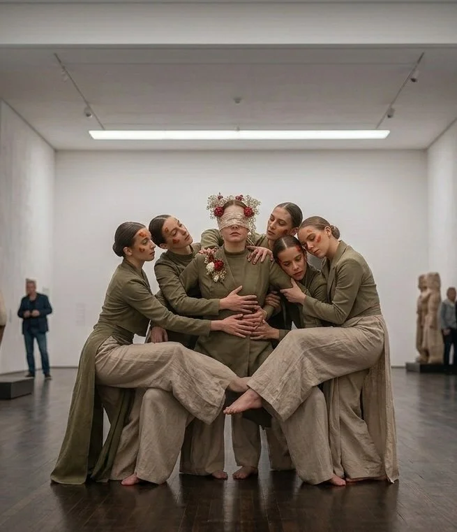 Sechs junge Frauen in neutralen Farben gekleidet, die eine Art künstlerische Performance in einem Kunstmuseum vor einem weißen Wand und Skulpturen aufführen, wobei sie eng um die Zentralfigur stehen.