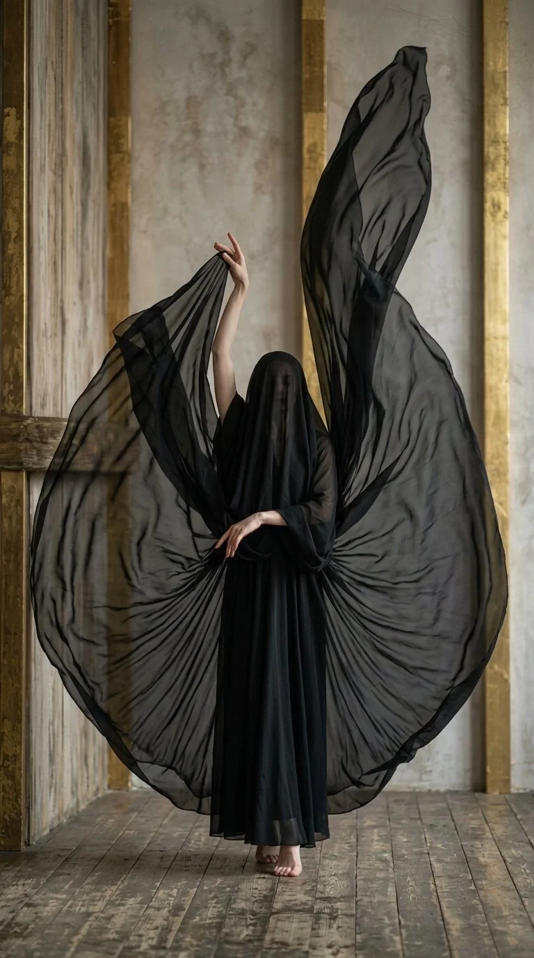 Eine Person in einem langen schwarzen Kleid, deren Gesicht und Kopf vollständig von einem schwarzen Tuch bedeckt sind, steht auf einem Holzboden vor einer Wand mit Holzrahmen. Sie hält ein transparentes, schwarzes Tuch, das wie Flügel aussieht, in den Händen, das ausgestellt wie Flügel.
