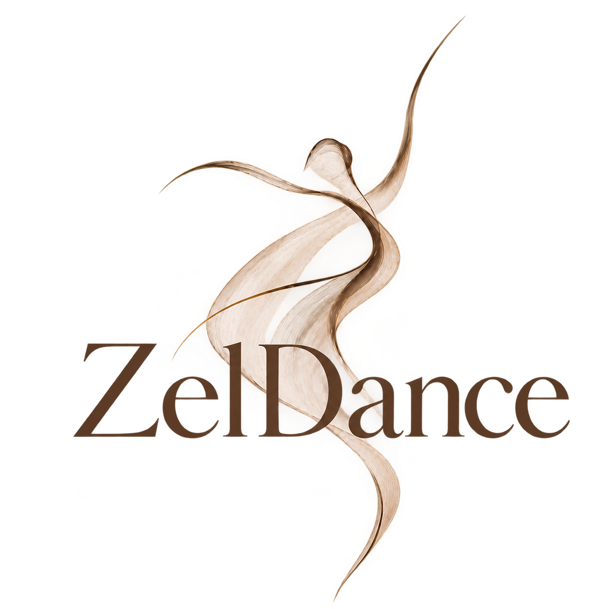 Ein Logo mit einer abstrakten, geschwungenen Form in neutralen Tönen und dem Text 'Zèl Dance' darunter.