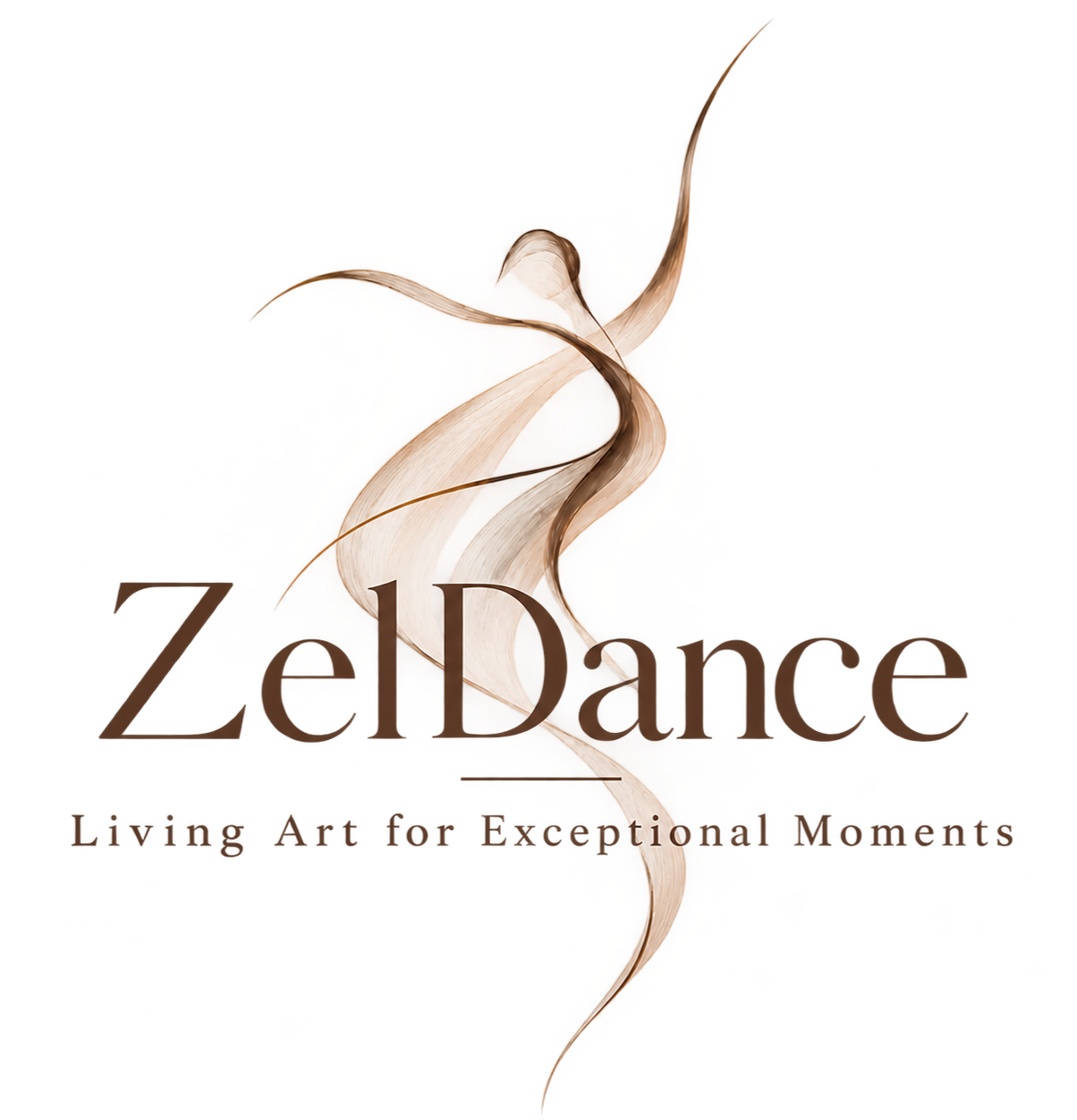 Ein Logo für ZeLDance mit einem stilisierten abstrakten Tanzabzeichen in beige-weiß Tönen, darunter der Text 'ZeLDance' und der Slogan 'Firepl, Are for Exceptional Moments' in brauner Schrift.