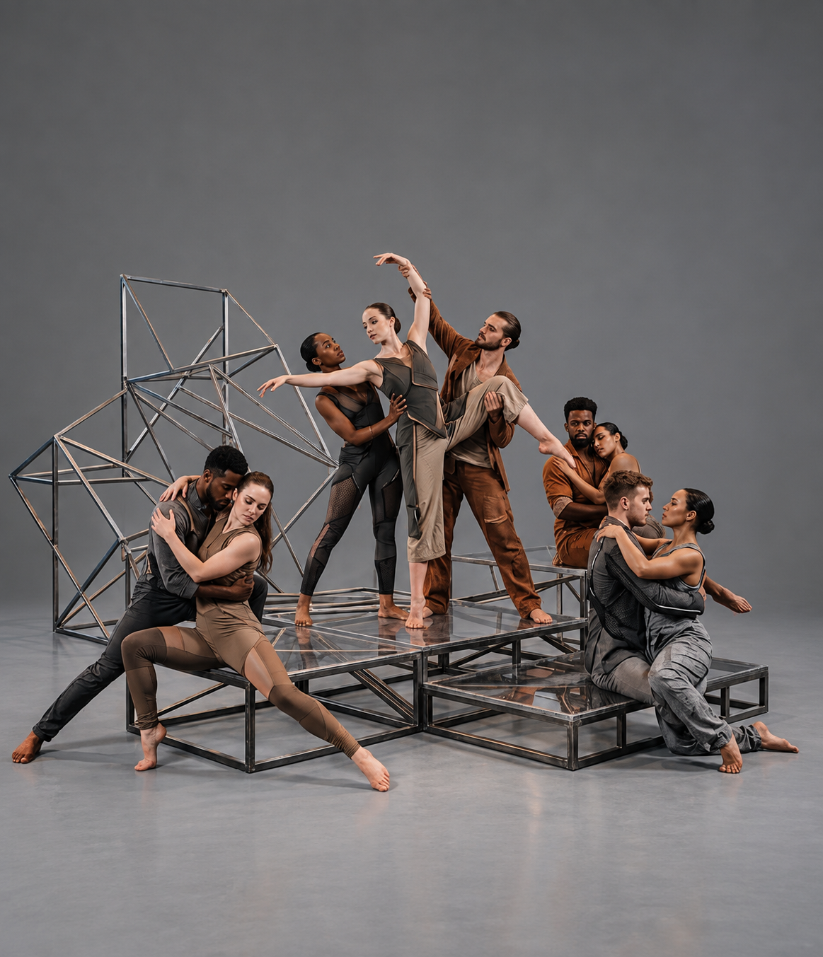 Balletttänzer auf einer metallischen Bühne, die komplexe Posen einnehmen, mit geometrischen Strukturen im Hintergrund, in dunkler Kleidung auf grauem Hintergrund.