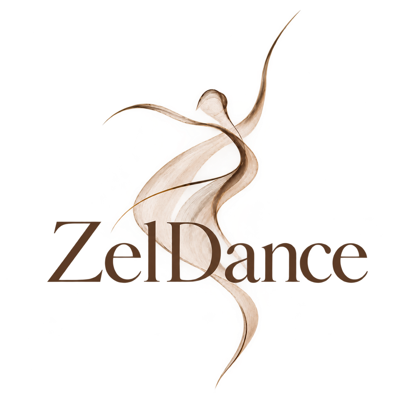 Logo für ZélDance mit stilisiertem weißen Tanz- oder Feuerschwaden vor schwarzem Hintergrund und braunem Text."ZélDance"