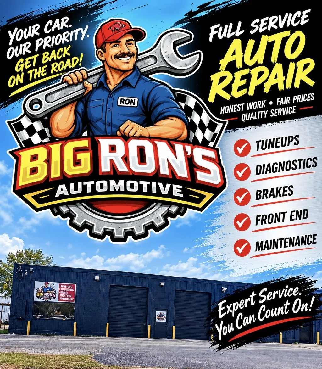 A large advertisement for Big Ron's Automotive featuring a smiling mechanic holding a wrench, with checkmarks next to services like tune-ups, diagnostics, brakes, front end, and maintenance. The ad highlights honest work, fair prices, and quality service, and includes a building with the company's logo.