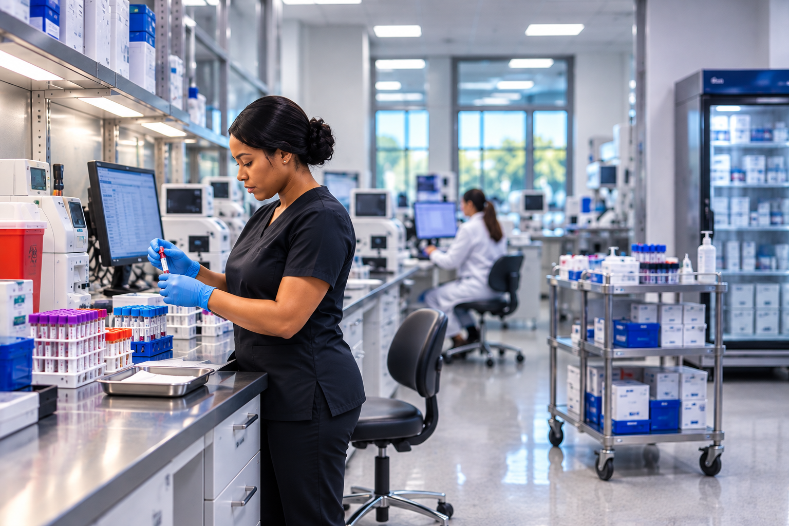 Laboratory professional working with blood specimen test tubes and laboratory equipment.