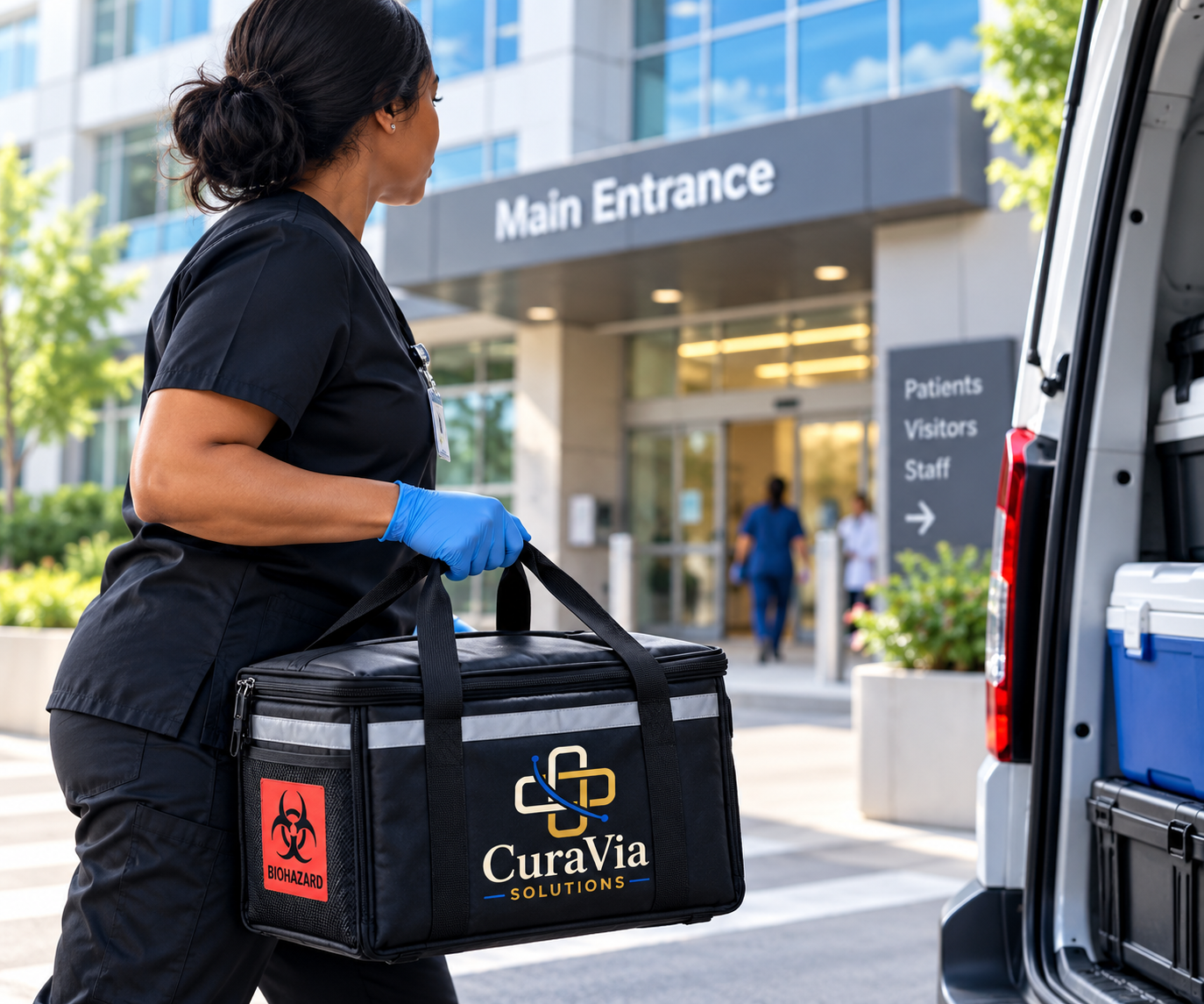 A healthcare professional in scrubs with a biohazard bag labeled 'CuraVía Solutions' outside a hospital main entrance.
