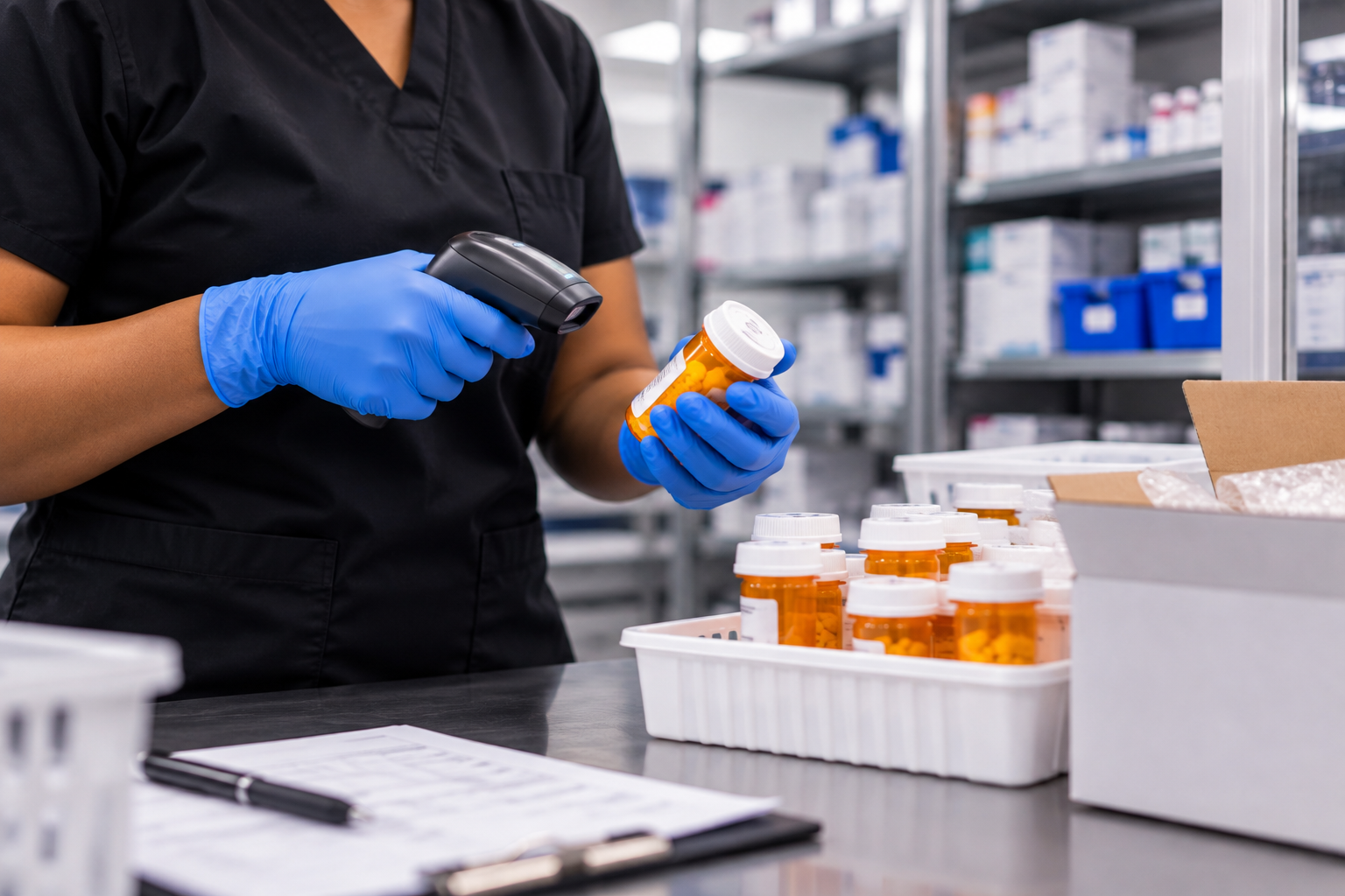Healthcare professional scanning prescription medication in a medical inventory area.