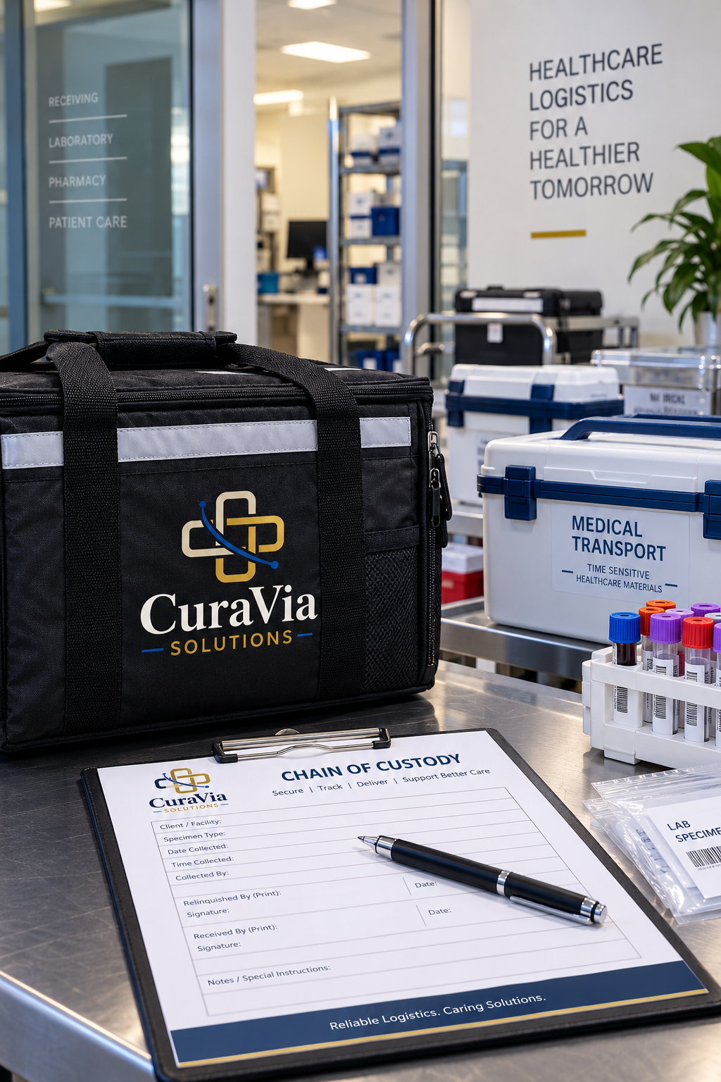 CuraVia Solutions medical courier supplies with specimen transport cooler and chain-of-custody documentation.