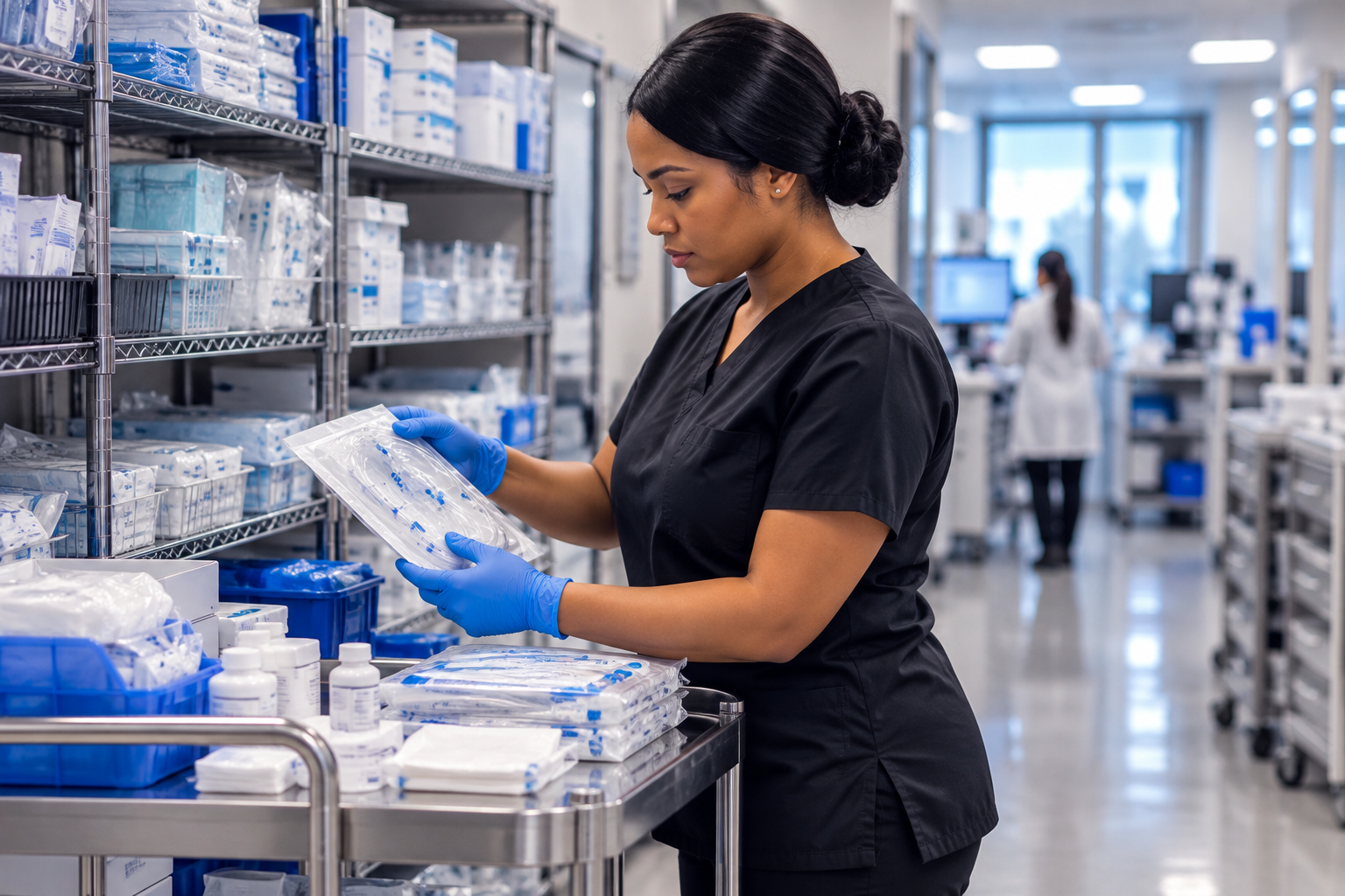 Healthcare professional in scrubs examining packaged medical supplies in a storage area.