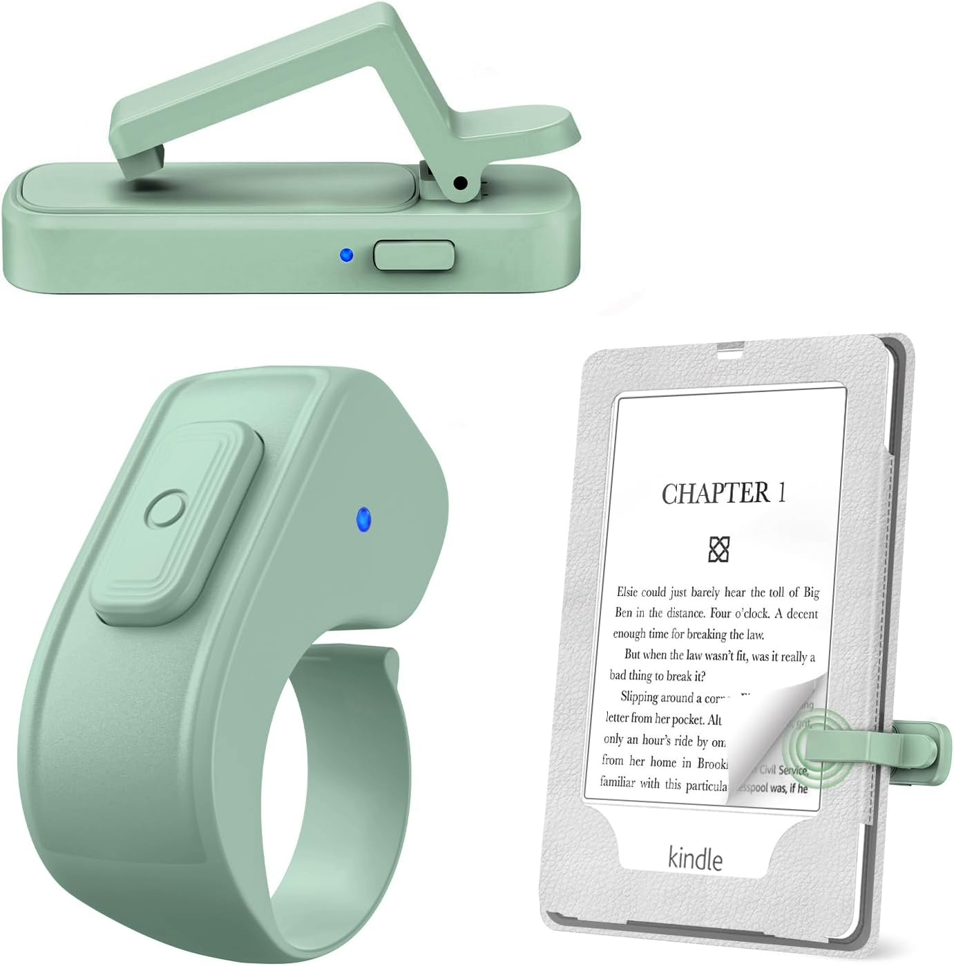 Mint-green assistive reading device shown as a handheld page turner, wearable ring remote control, and Kindle clip, with blue indicator lights.