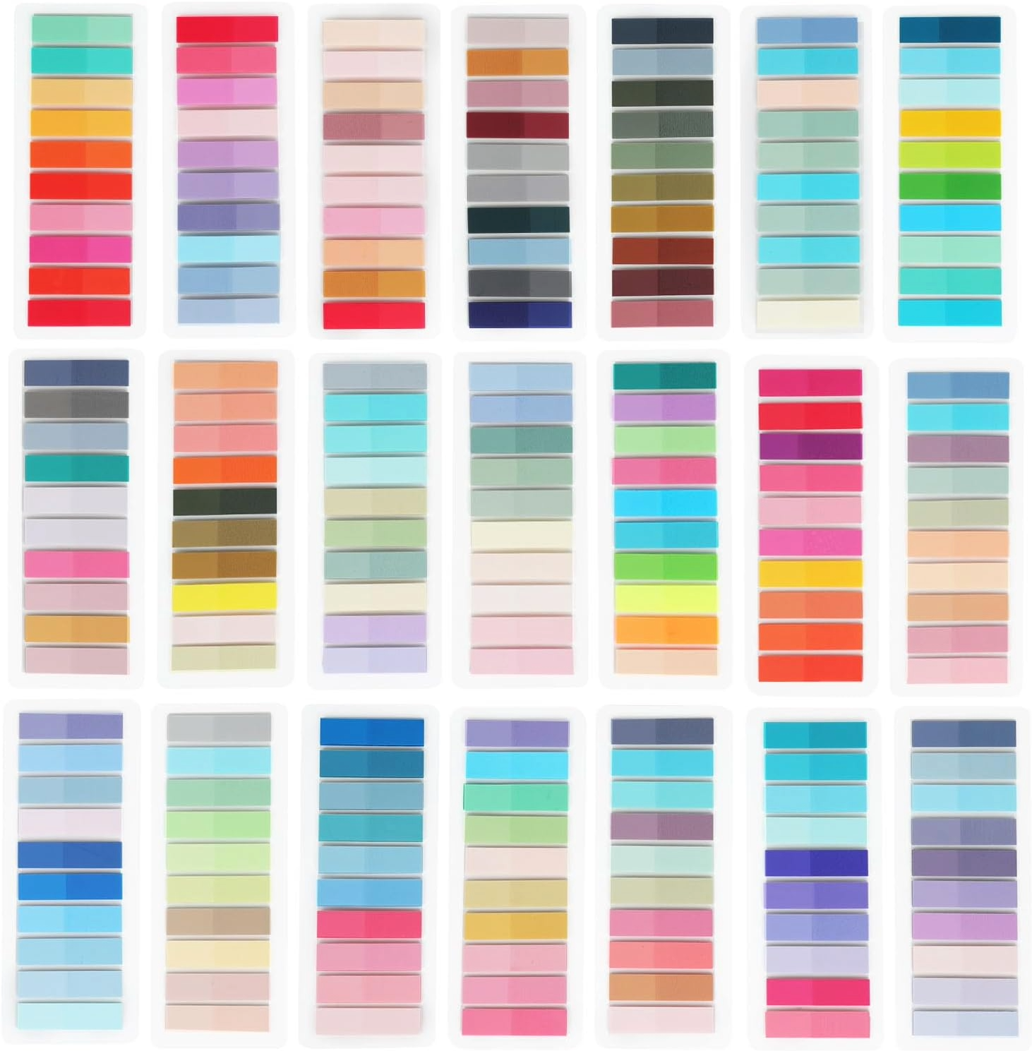 Grid of 21 color swatch annotation tabs in varied hues, creating a bright, orderly design on white.