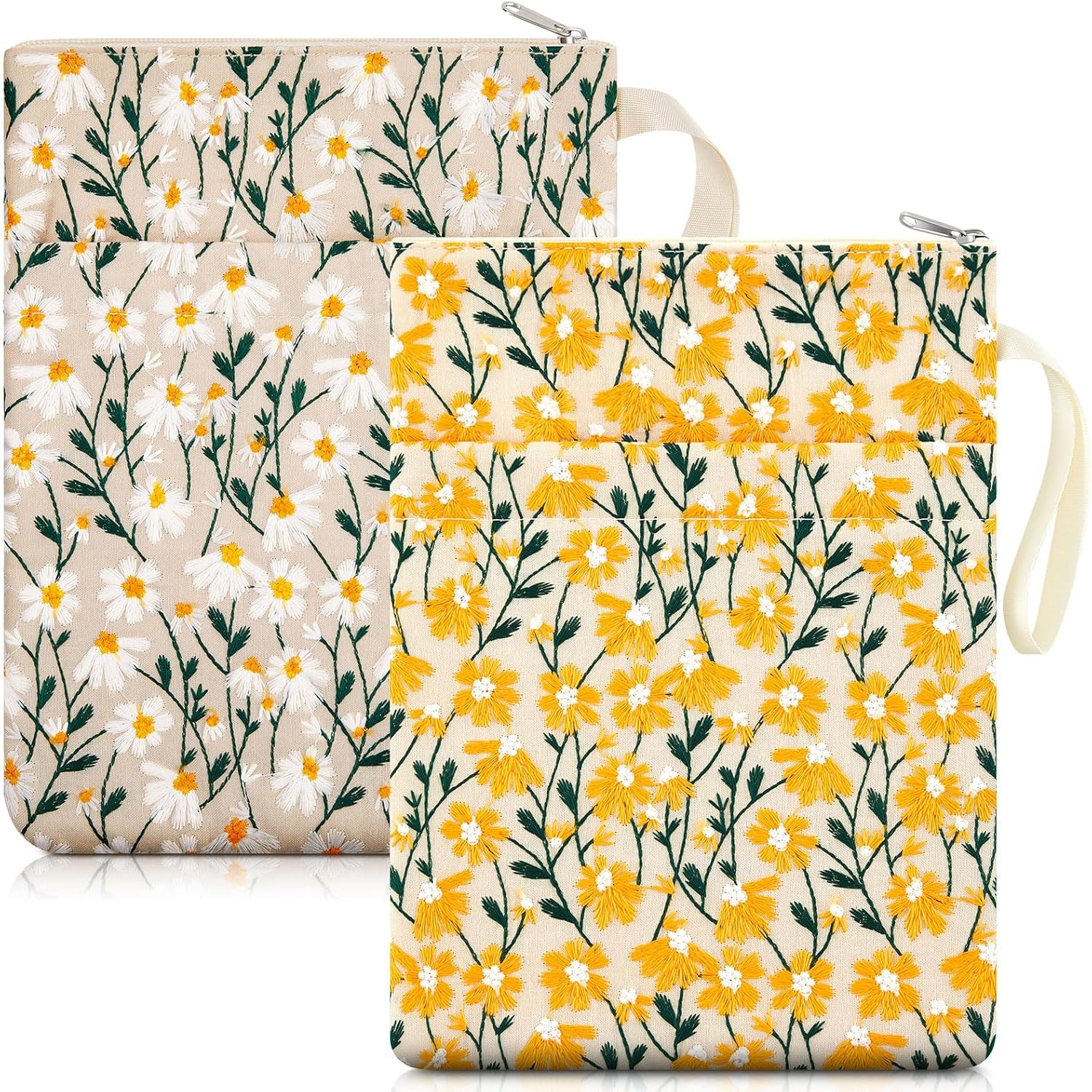 Two zippered floral book sleeves with cream backgrounds, yellow and white daisies, and green leafy stems.