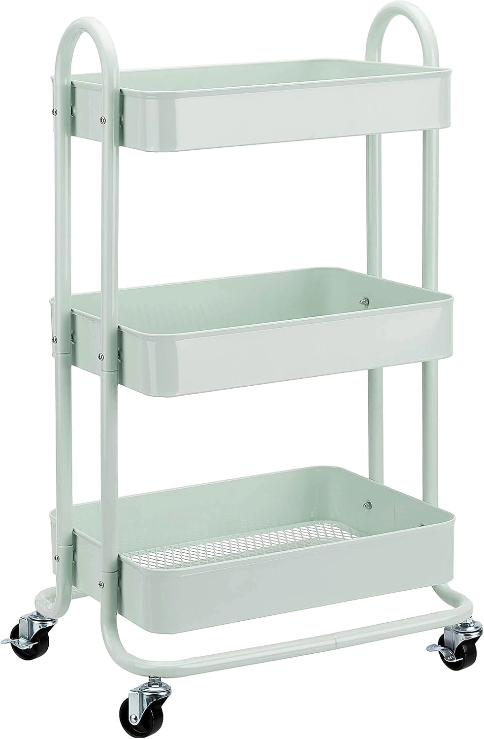 Mint-green three-tier rolling storage cart with raised trays, tubular frame, and four caster wheels, shown against a white background.