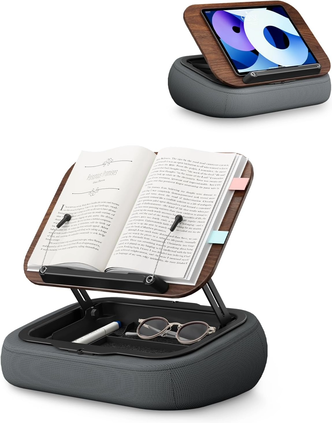 Multifunctional book holder and reading stand with adjustable wooden book and tablet platforms, built-in storage compartment, and space for glasses and reading accessories.