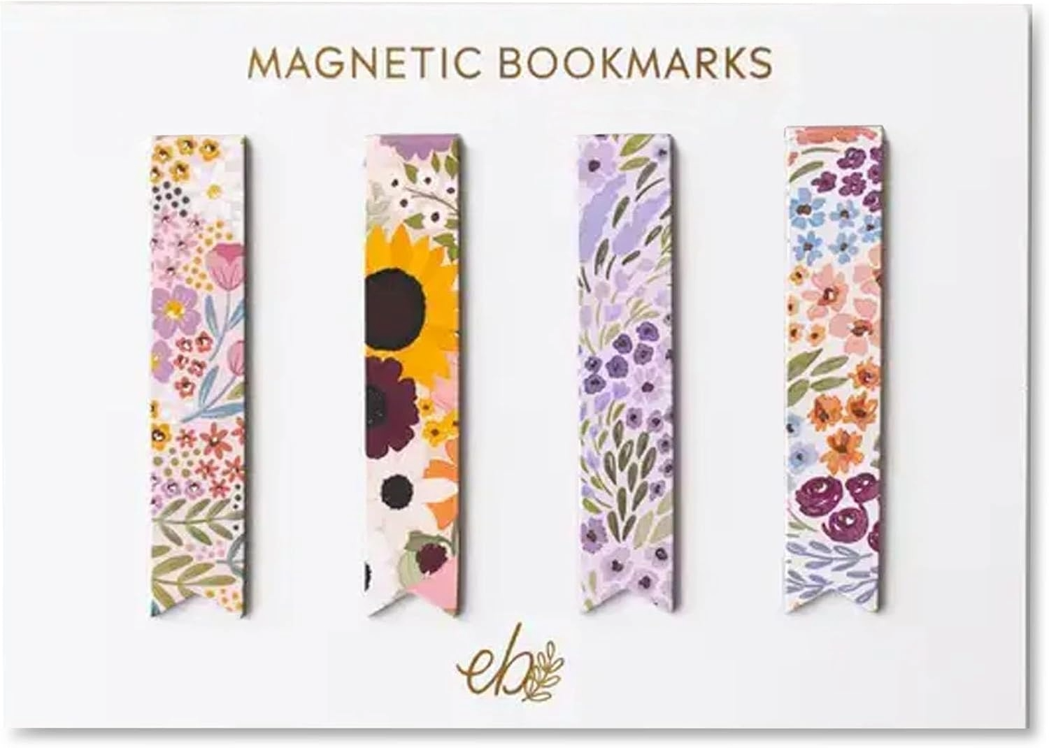 Product display of four colorful floral magnetic bookmarks in pink, yellow, purple, and blue patterns, arranged beneath “MAGNETIC BOOKMARKS.”