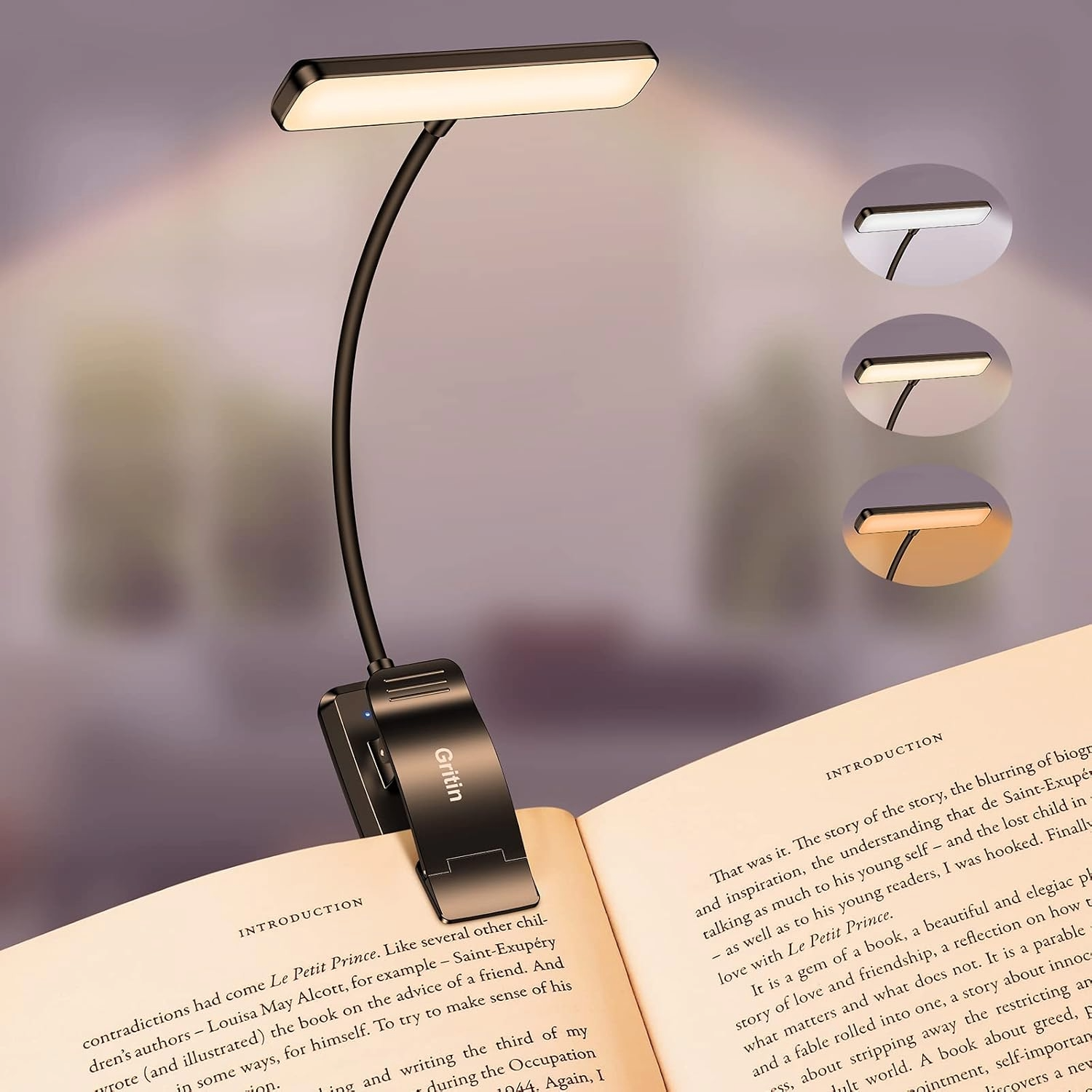 Modern black book lamp illuminates an open book, with three inset icons showing adjustable white, warm, and amber light settings.