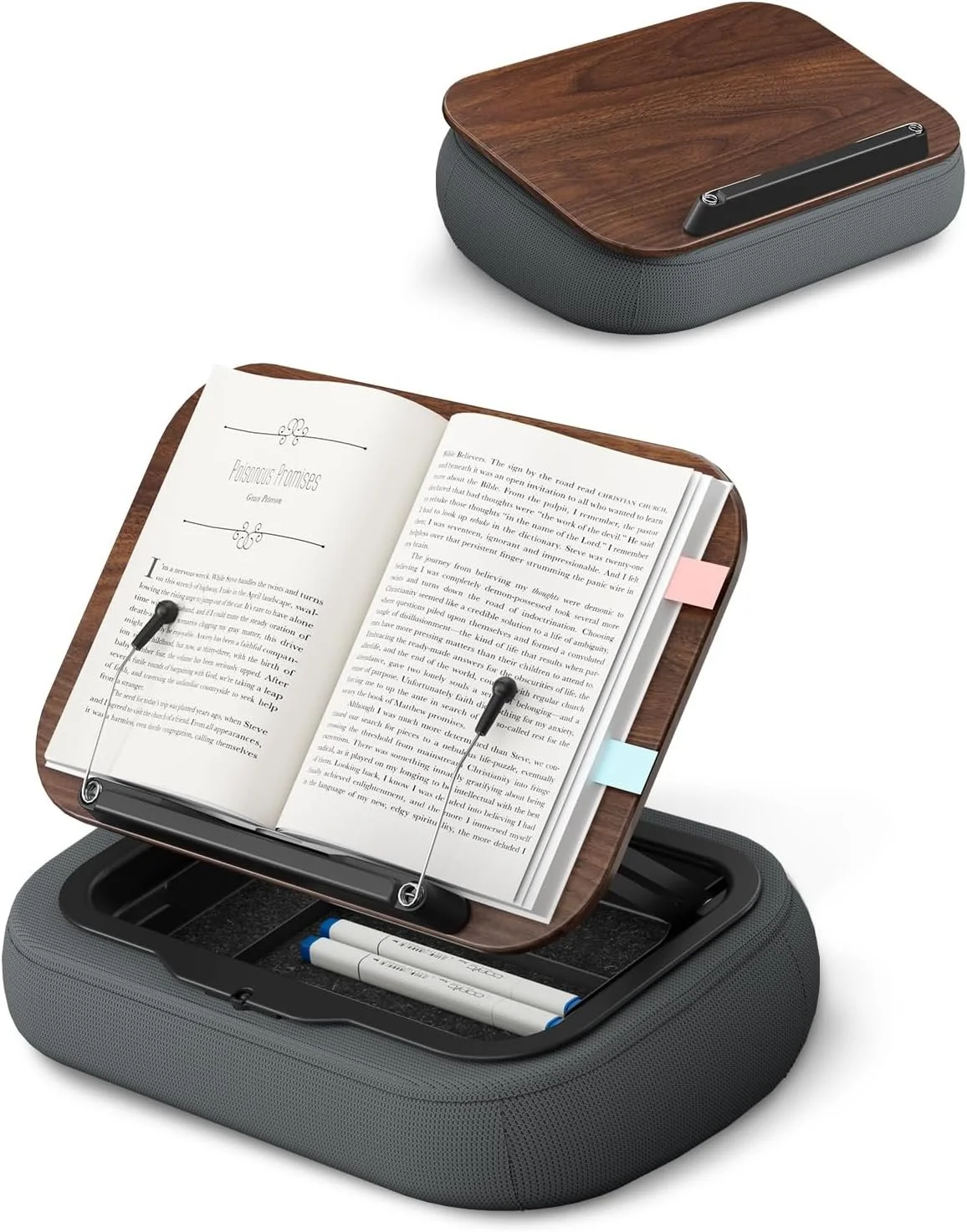 Multifunctional book holder and reading stand with adjustable wooden book and tablet platforms, built-in storage compartment, and space for glasses and reading accessories.